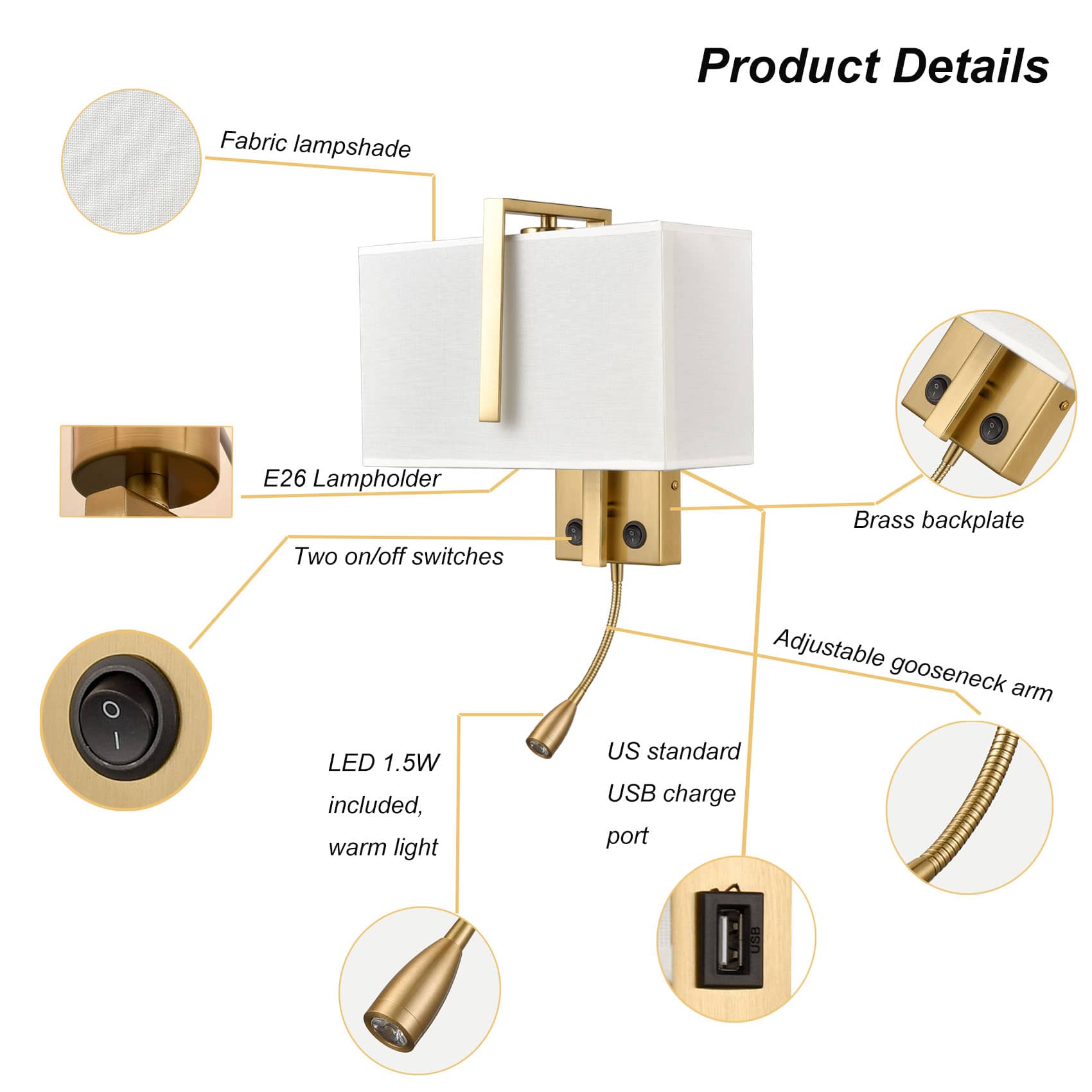 Brass Fabric Wall Lamp LED Reading Light with USB Charging Port for Bedroom