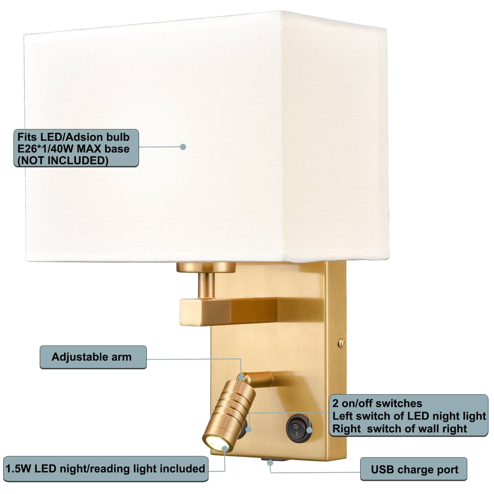 Modern Set of 2 Brass Gold with White Fabric Wall Sconce with USB Charging Port|Twin on/off Switch|LED Reading Light for bedroom