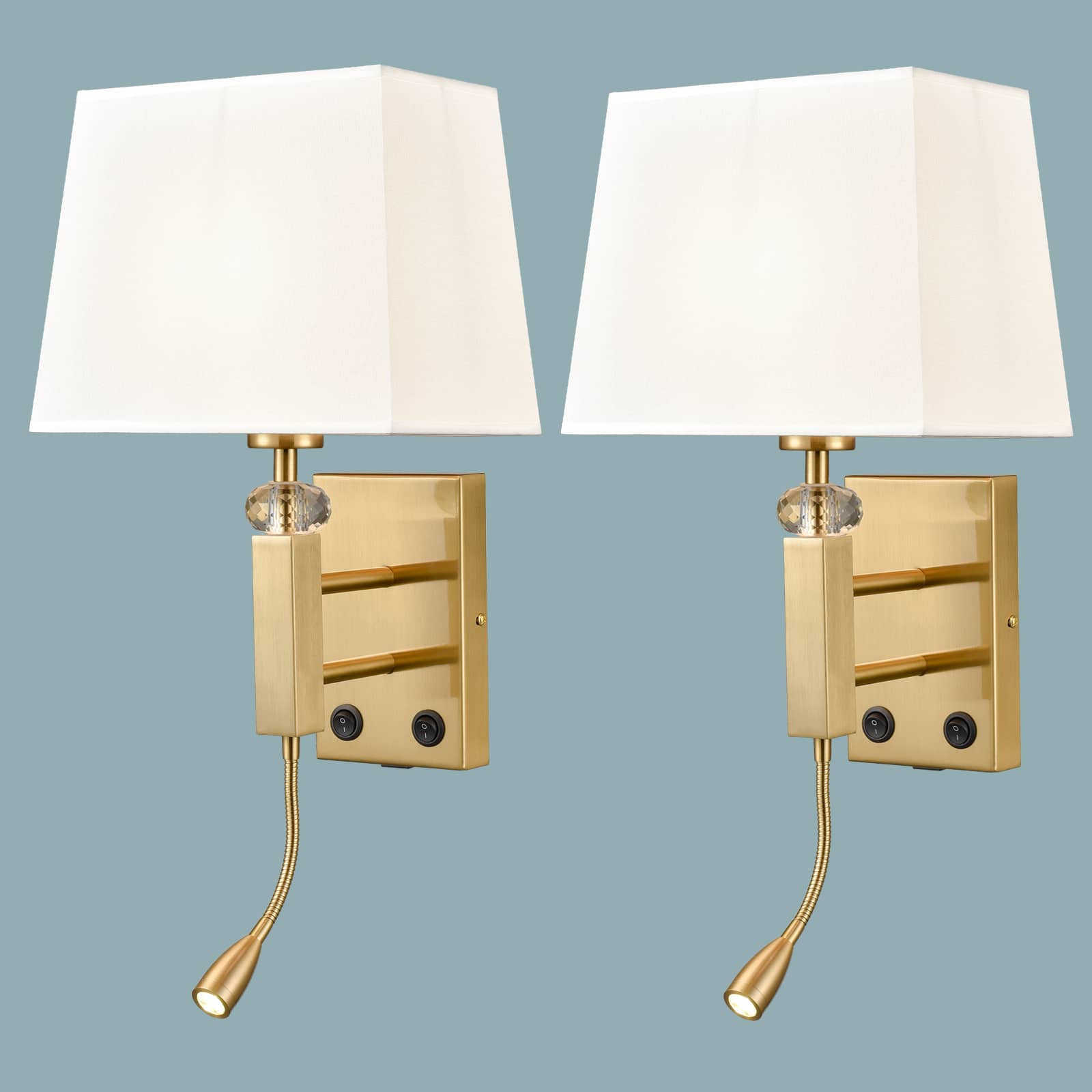 Set of 2 Modern Brass Gold with White Fabric Wall Sconces with USB Charging Port|Twin on/off Switch|LED Reading Light for bedroom