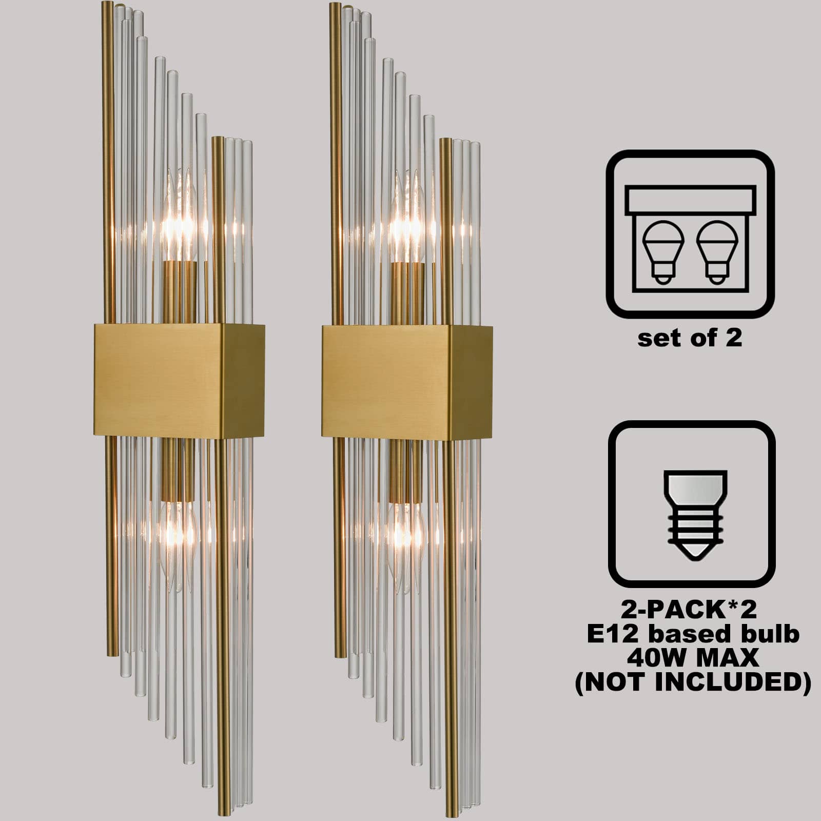 Set of 2 Modern Gold Metal Wall Sconce with Crystal Clear Glass for Bedroom