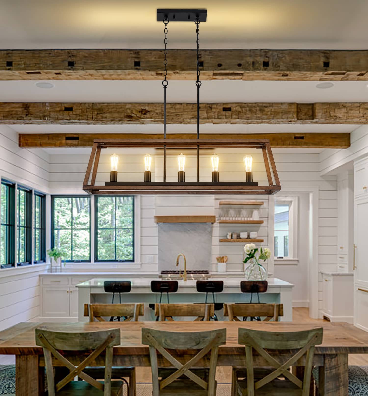 Farmhouse Kitchen Island Pendant Light 5-Light Faux Wood Dining Table Chandelier