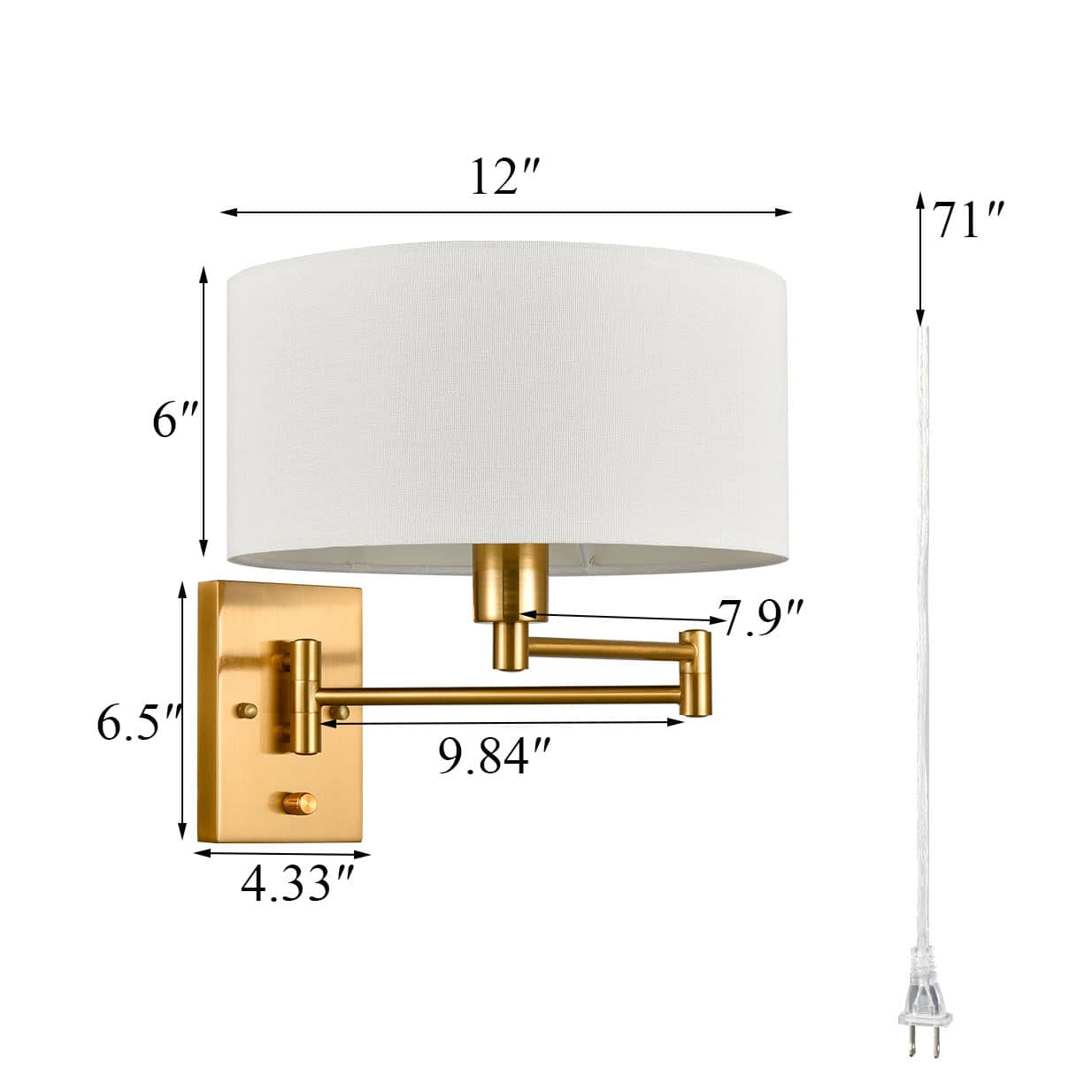 Farmhouse Plug in Wall Sconces Set of Two Brass Swing Arm Wall Lamp with Fabric Shade