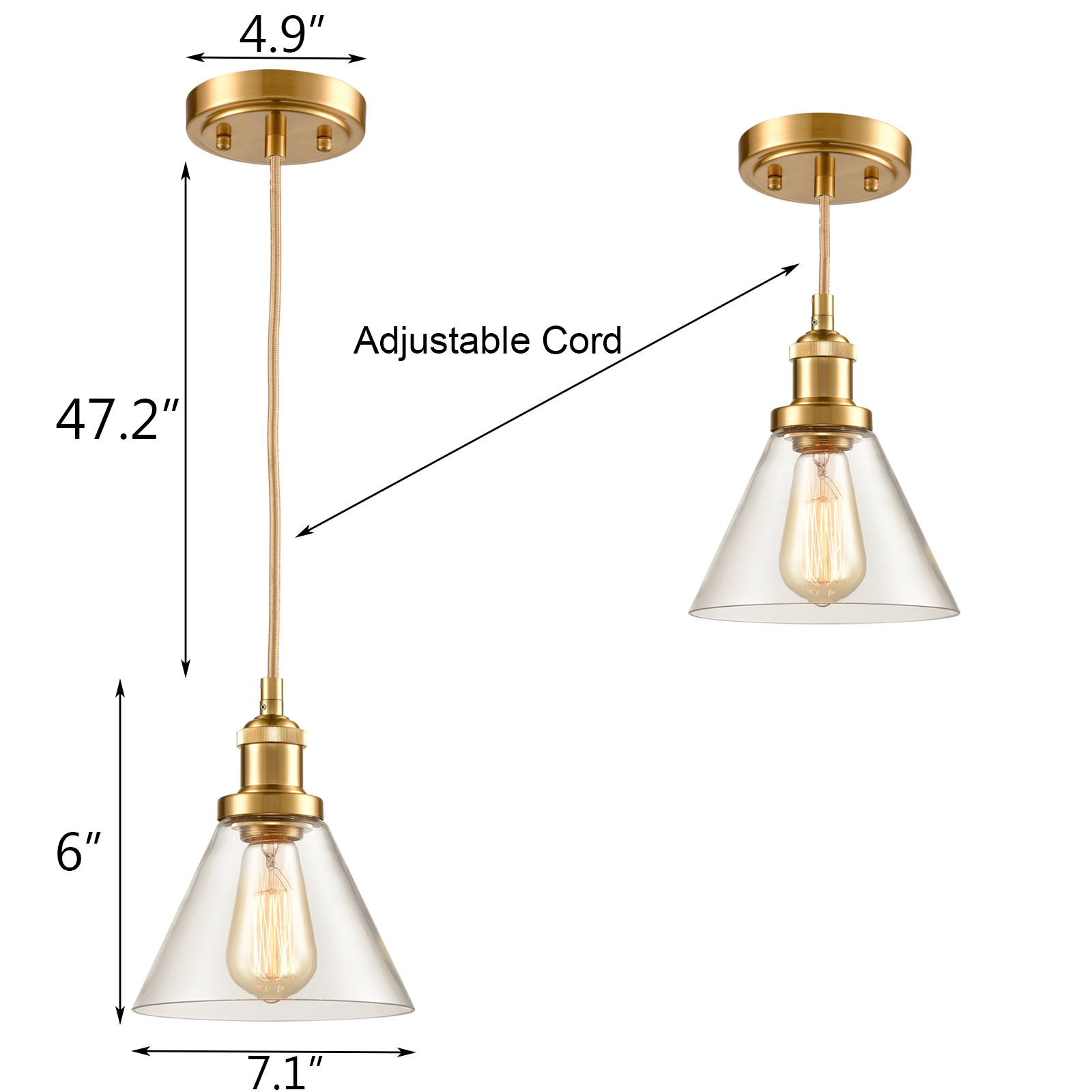 Industrial Mini Glass Pendant Lights Brass Finish Cone Shape