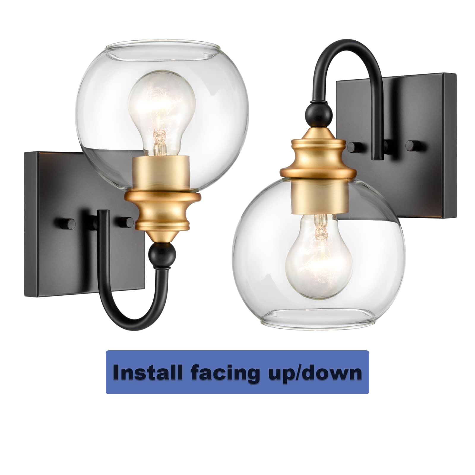 Set of 2 Modern Black Metal Wall Sconce with Globe Clear Glass Shade for Bathroom