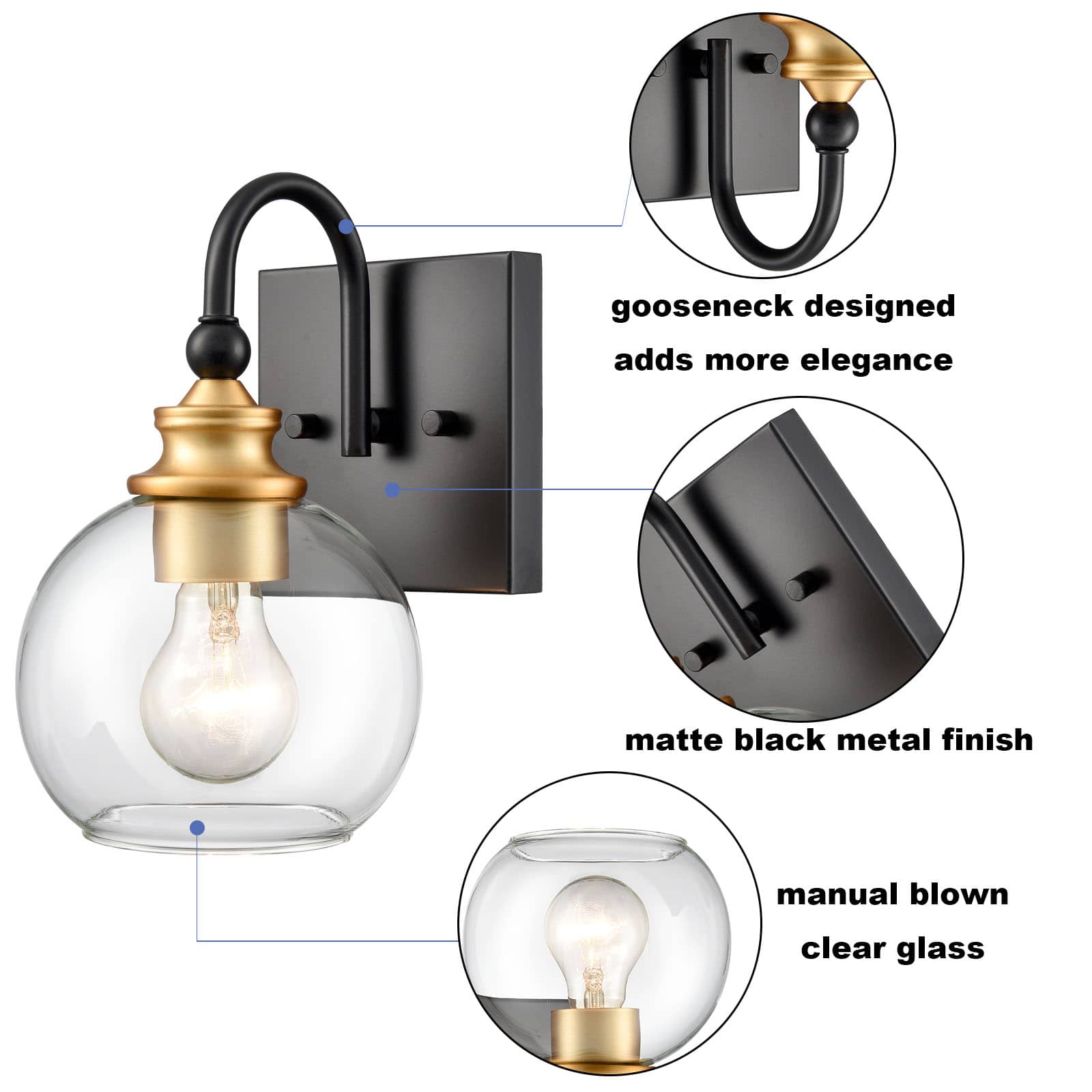 Set of 2 Modern Black Metal Wall Sconce with Globe Clear Glass Shade for Bathroom