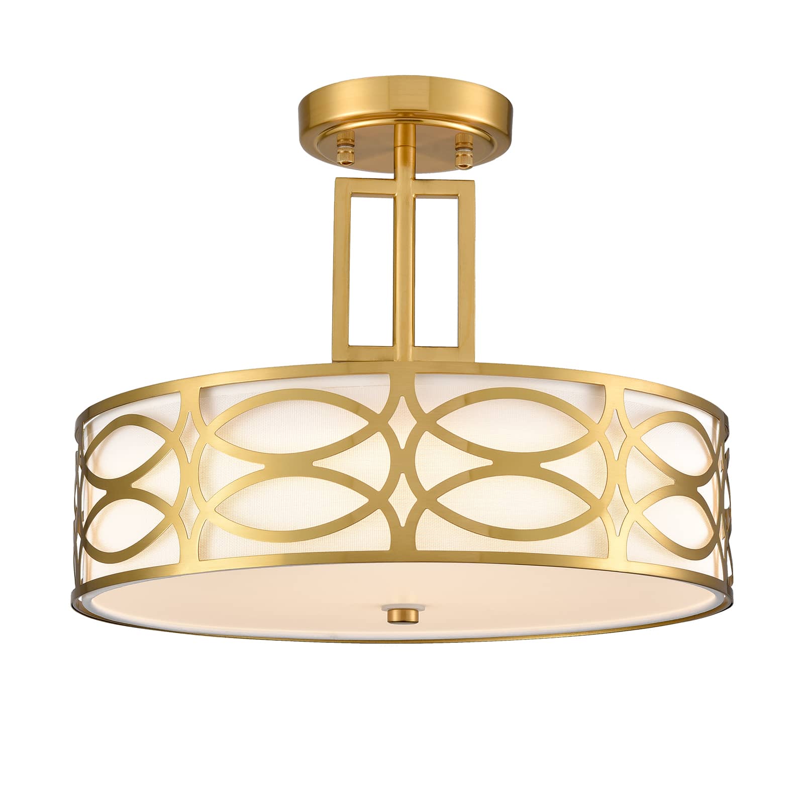 Modern Brass Dimmable LED Semi-flush Mount Ceiling Light White Linen Shade