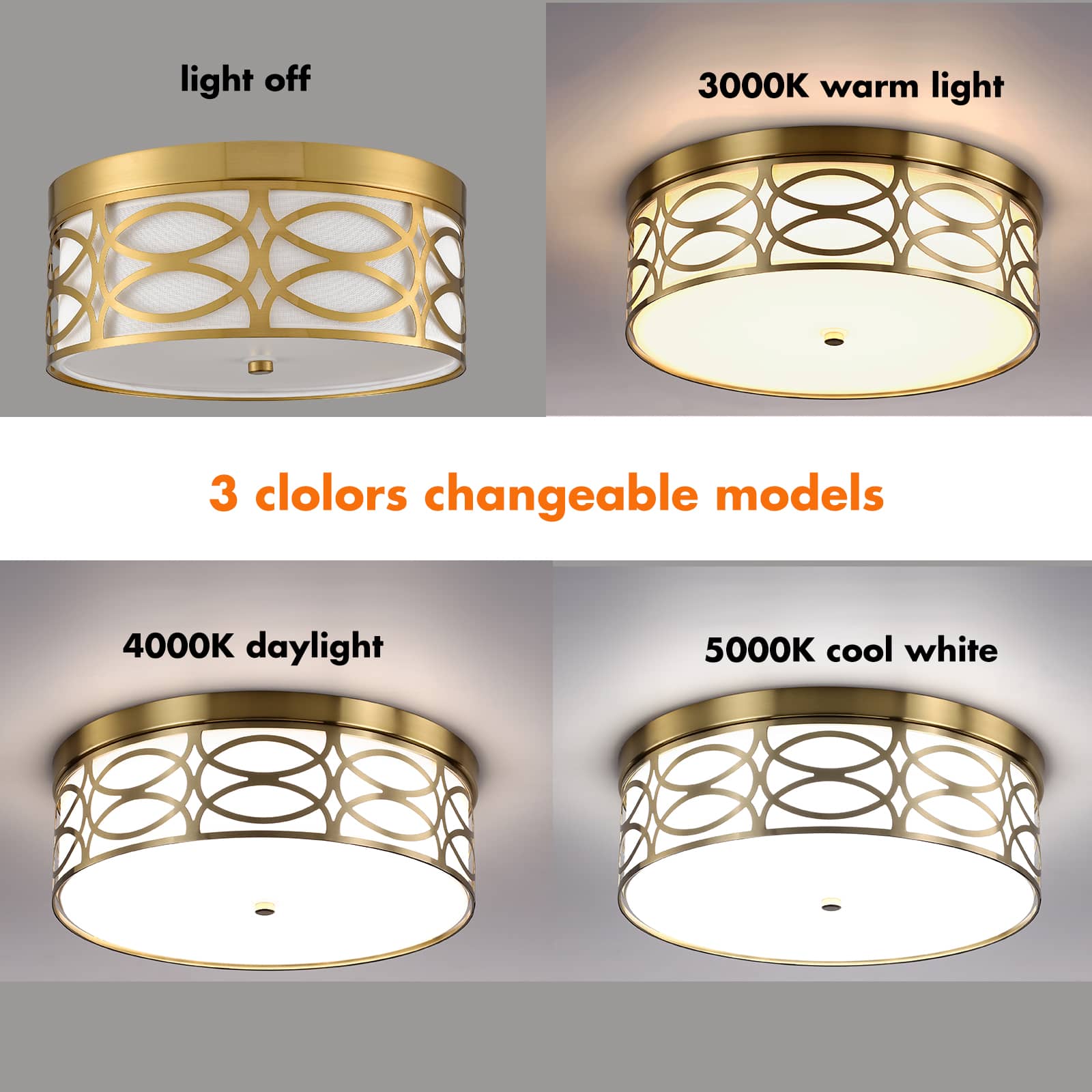 Modern Brass LED Flush Mount Ceiling Light White Linen Drum Shade Light Fixture Dimmable