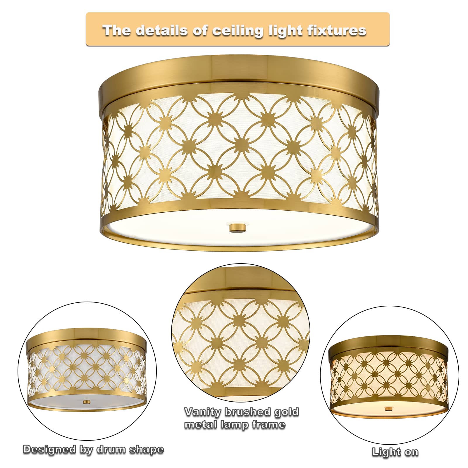 Modern 11'' Round Drum Shade Brushed Gold Dimmable LED Ceiling Light Hallway Light Fixtures