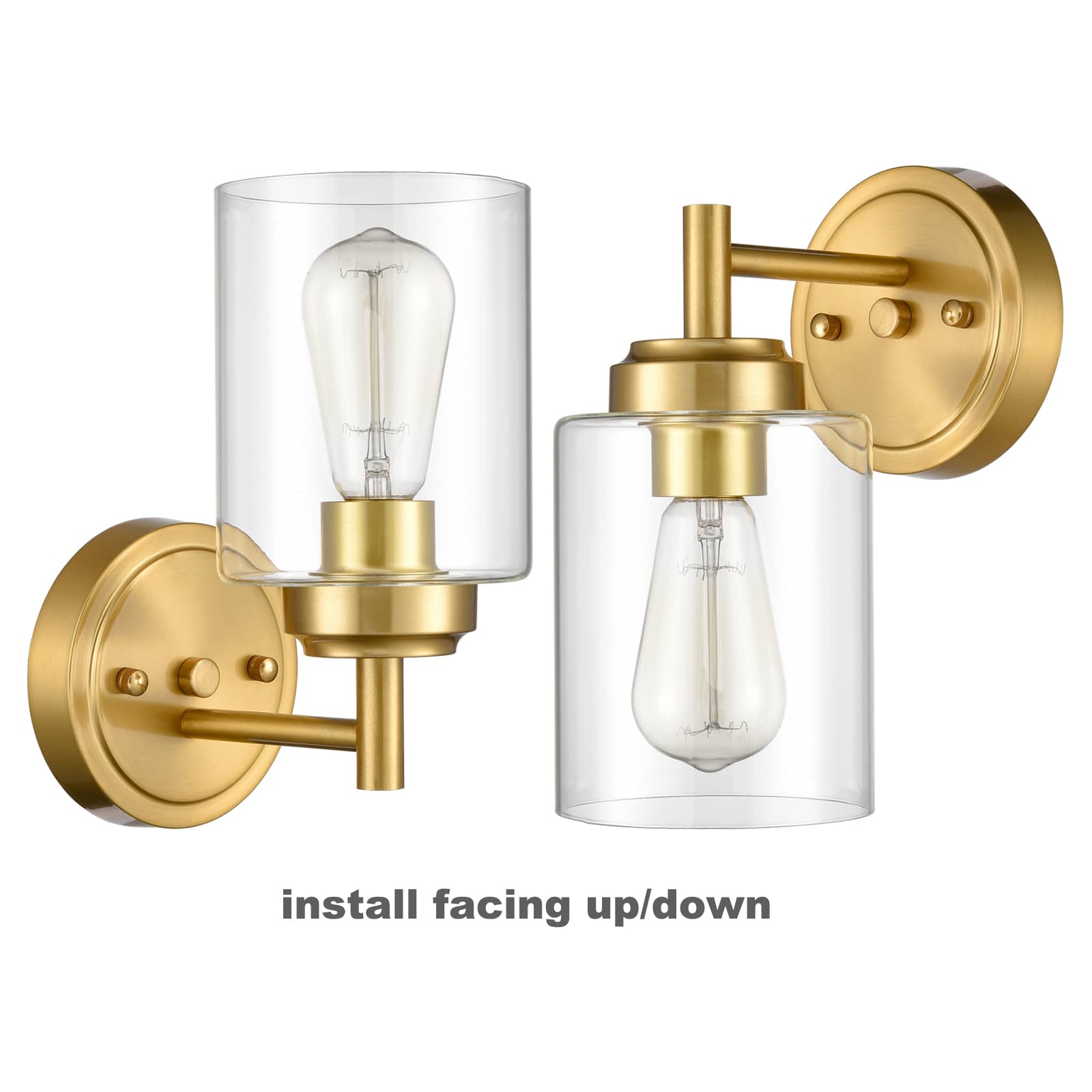 Set of 2 Brushed Brass Gold with Cylinder Clear Glass Vanity Wall Sconces for Bathroom
