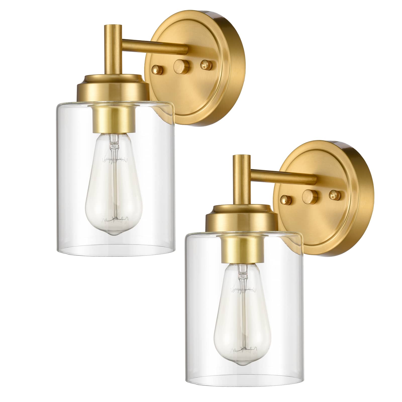 Set of 2 Brushed Brass Gold with Cylinder Clear Glass Vanity Wall Sconces for Bathroom