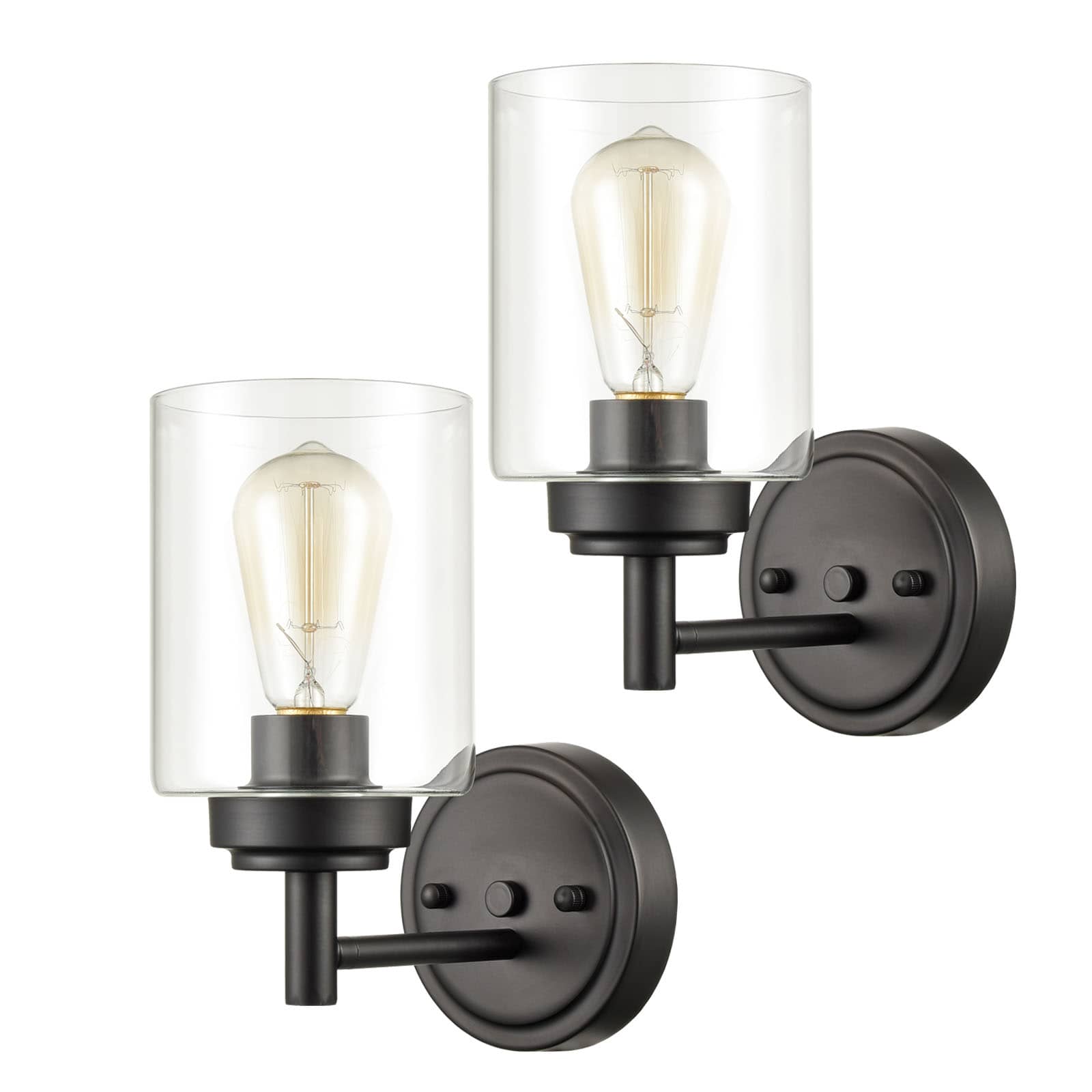Set of 2 Modern Black Metal Wall Sconce with Cylindrical Clear Glass Shade for Bathroom