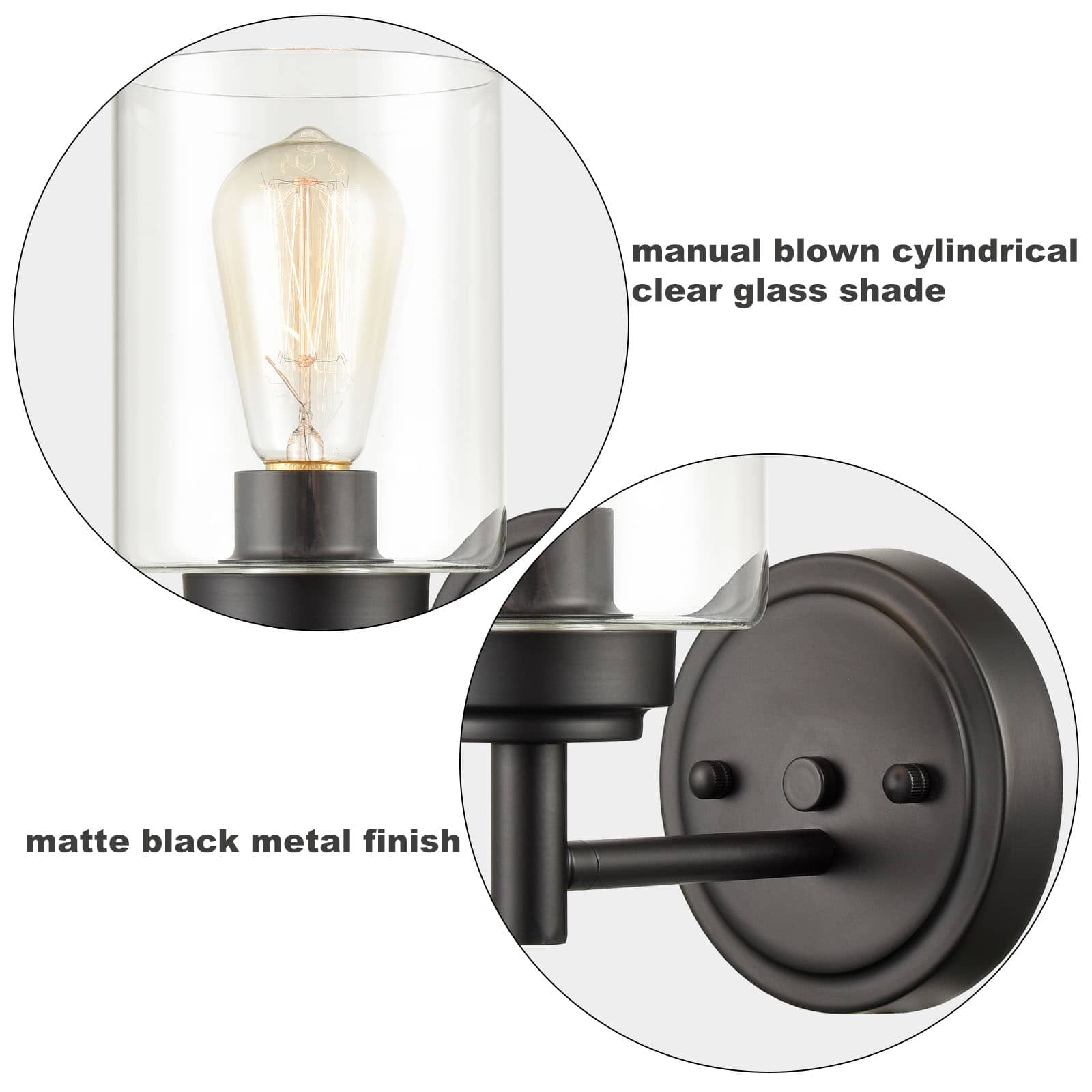 Set of 2 Modern Black Metal Wall Sconce with Cylindrical Clear Glass Shade for Bathroom