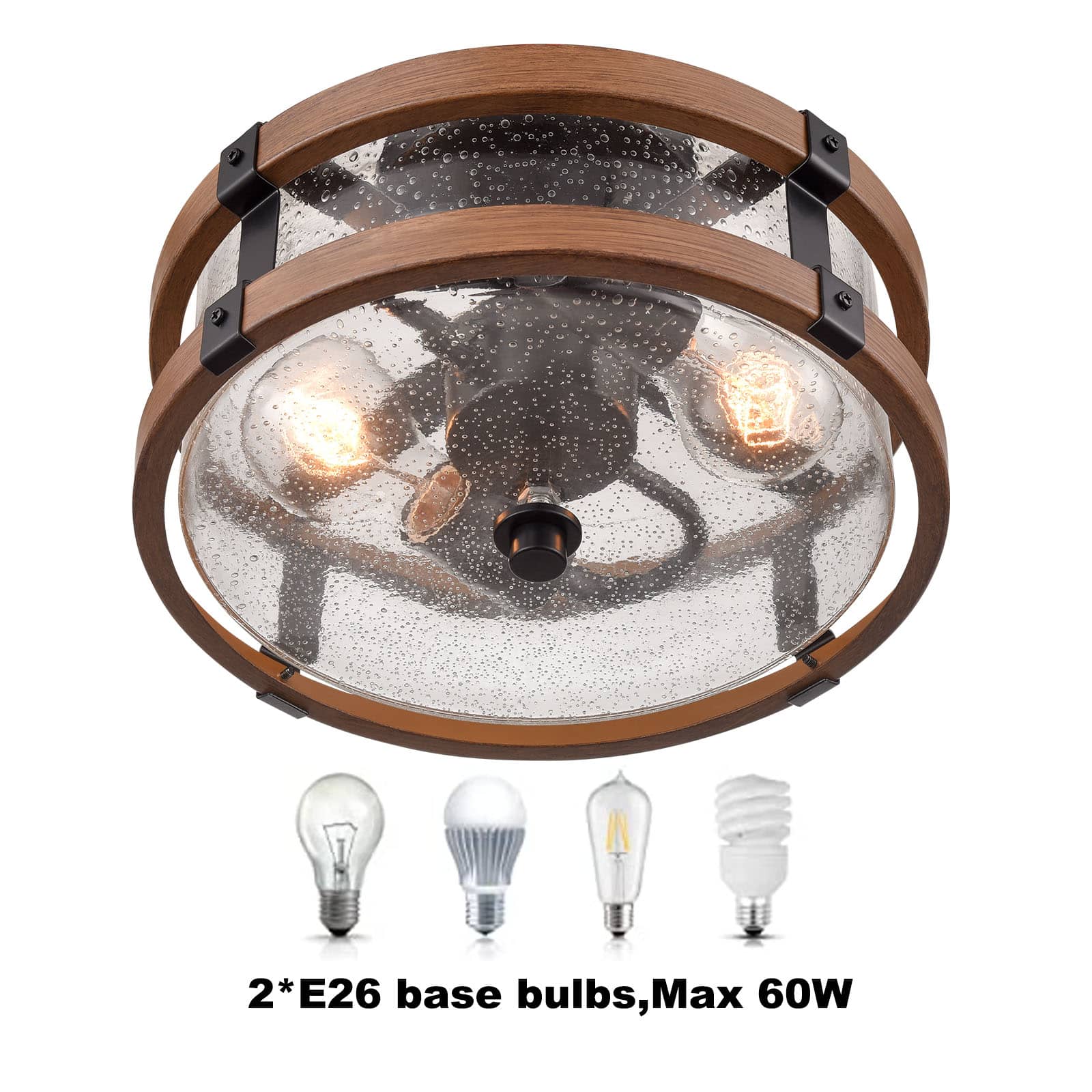 2-Light Farmhouse Wood Grain Paint with Black Metal Semi Flush Mount Ceiling Light with Seeded Glass