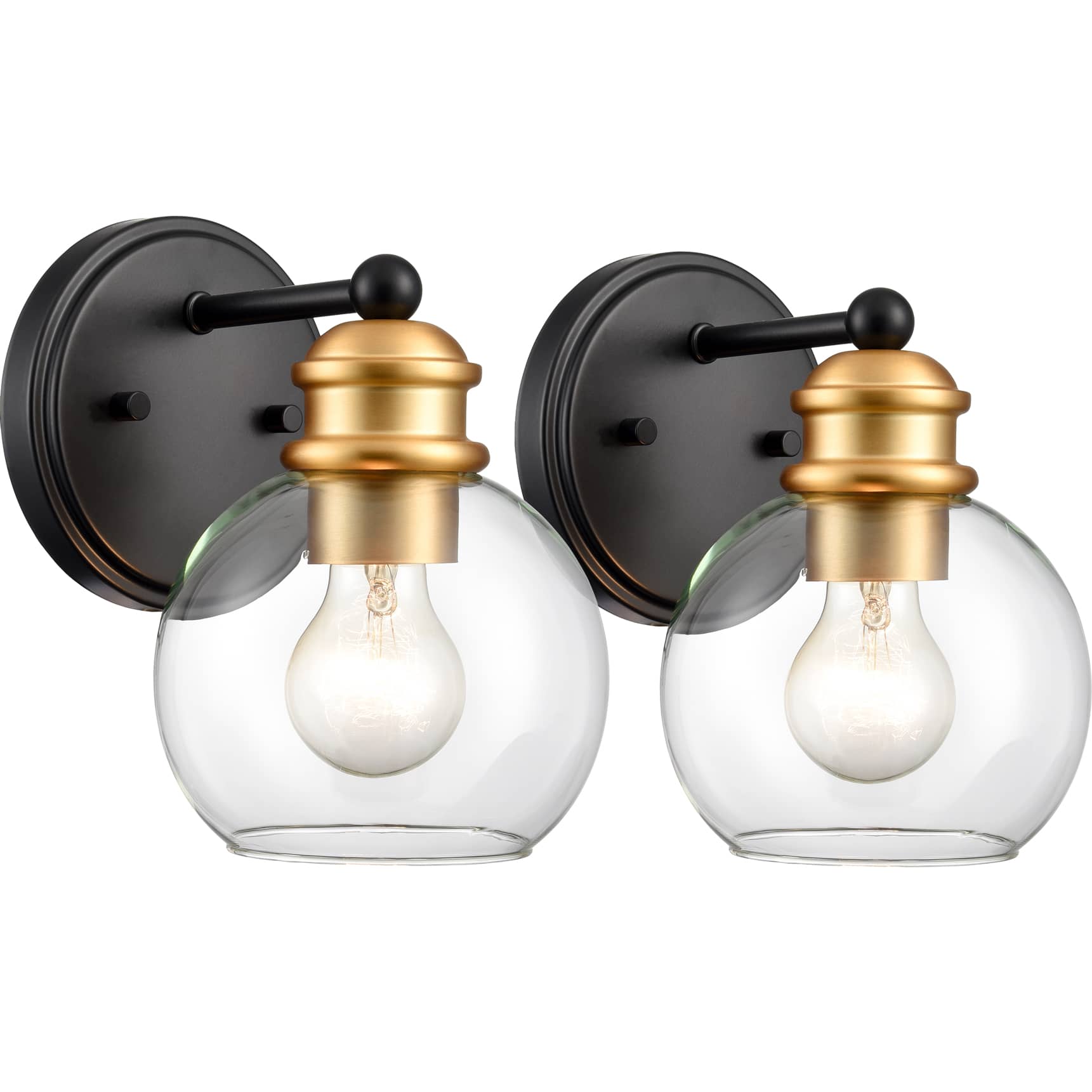 Glass Globe Black and Brass Wall Sconces Set of Two