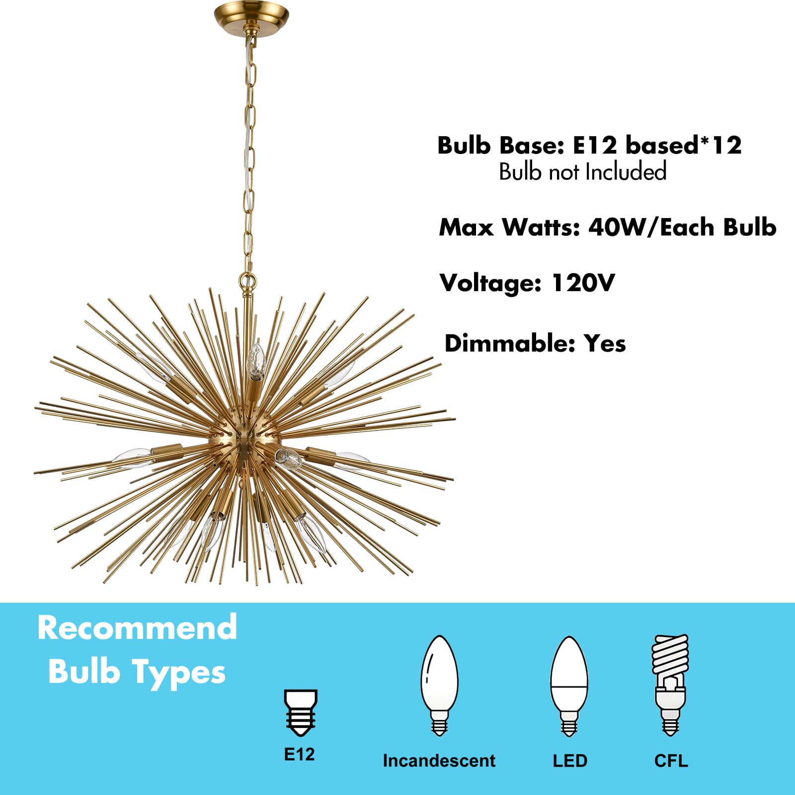 Modern Brass 12-Light Chandelier Hanging DIY Light Fixture