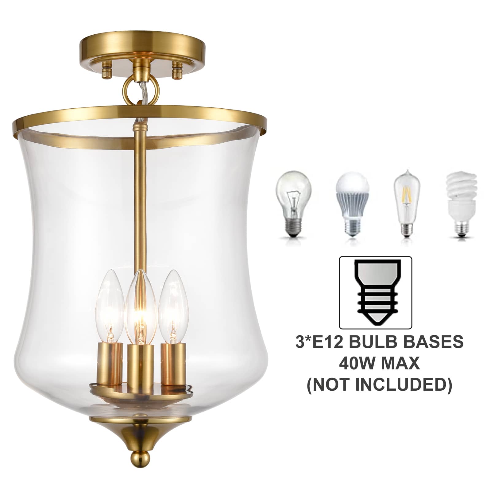 Modern Brass Gold With Clear Glass Semi Flush Mount Ceiling Light Fixture