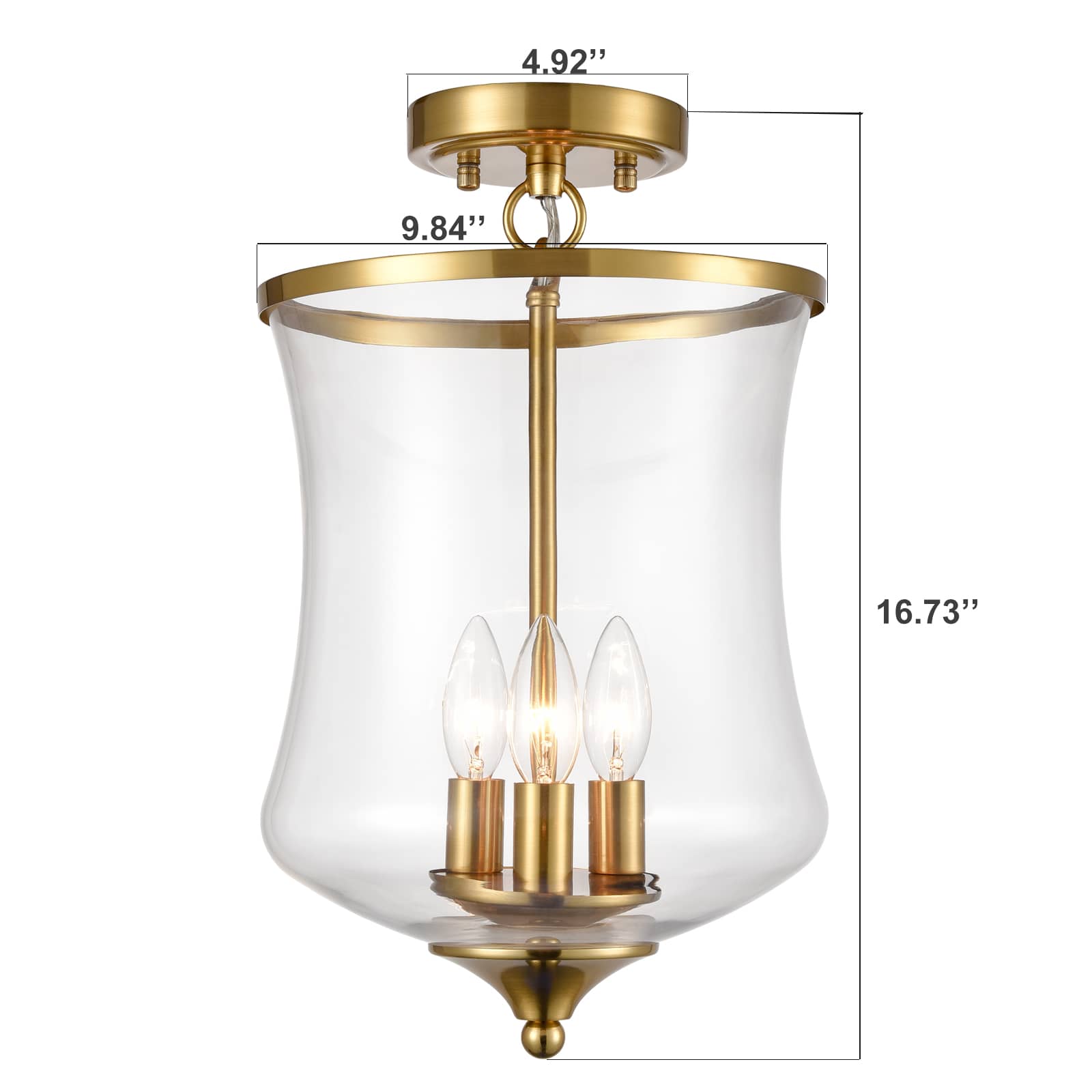 Modern Brass Gold With Clear Glass Semi Flush Mount Ceiling Light Fixture