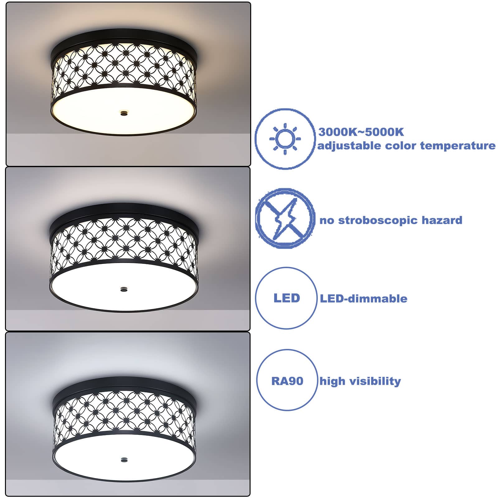 Modern 11'' Round Drum Shade Black Metal Dimmable LED Ceiling Light Hallway Light Fixtures