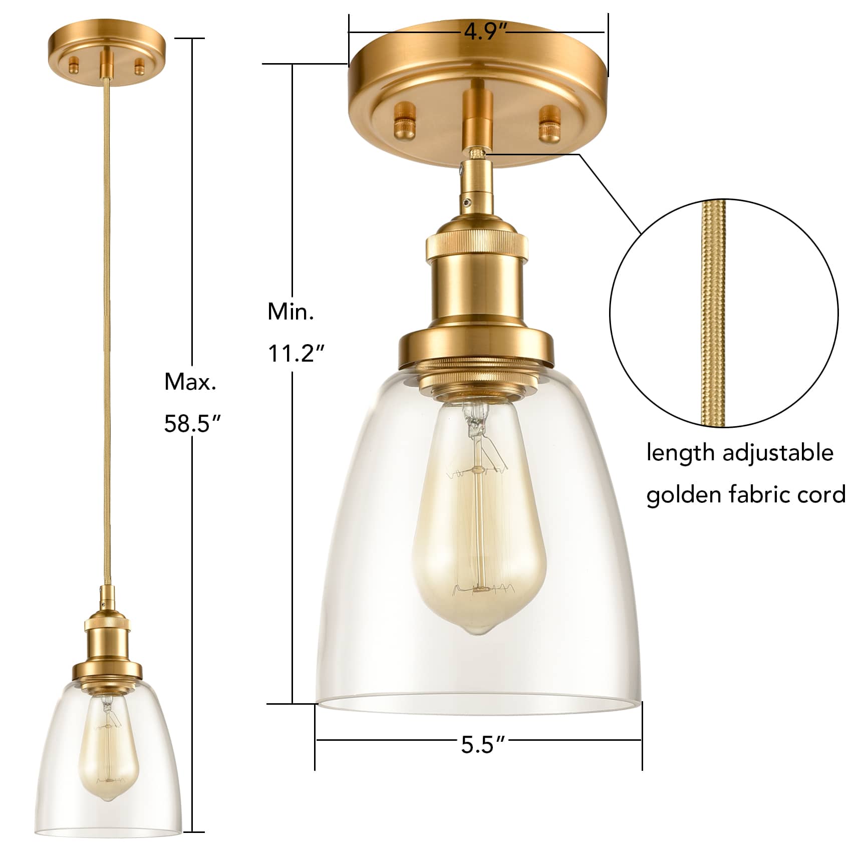 Modern Mini Brass Pendant Light Fixture Bell Glass, Pack of 3
