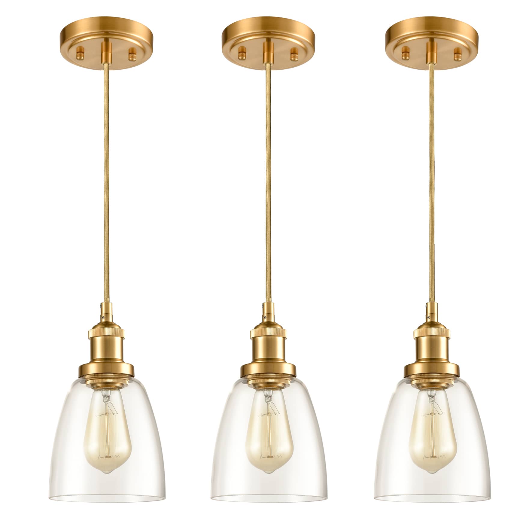 Modern Mini Brass Pendant Light Fixture Bell Glass, Pack of 3