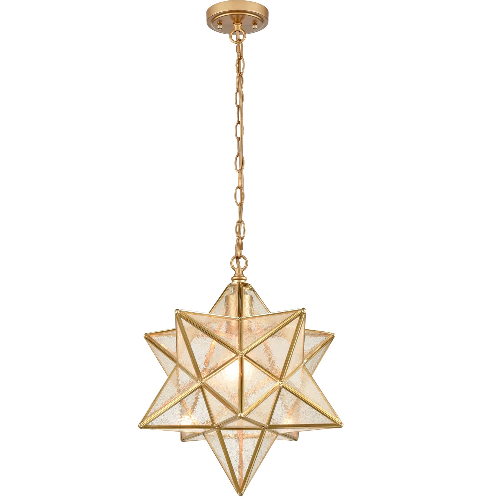 Brass Moravian Star Pendant Light 14-inch Seeded Glass Shade