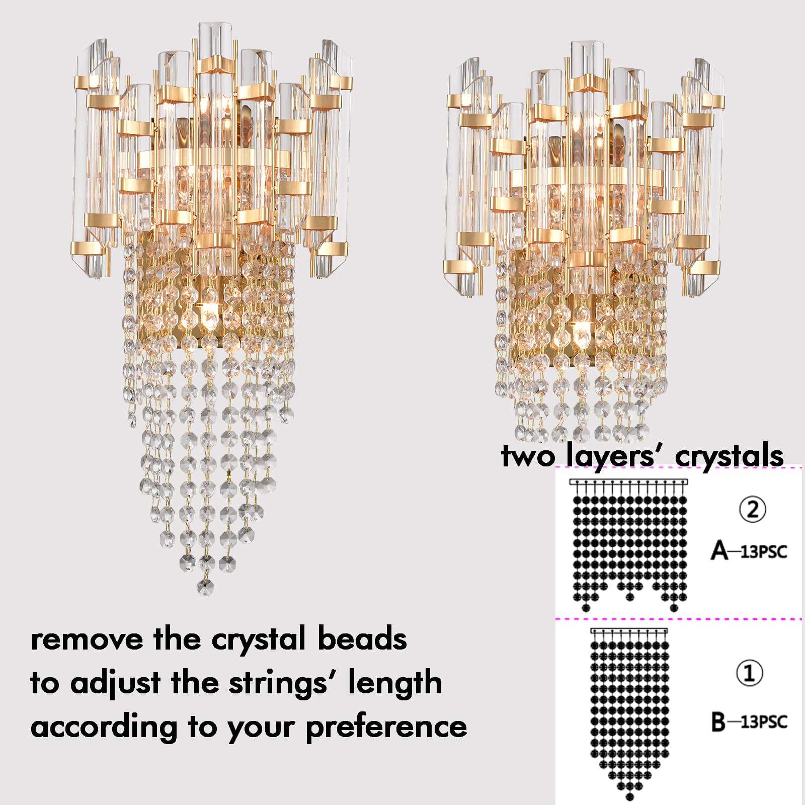Mid Century Brass Wall Sconce Crystal Adjustable Wall Light Fixture