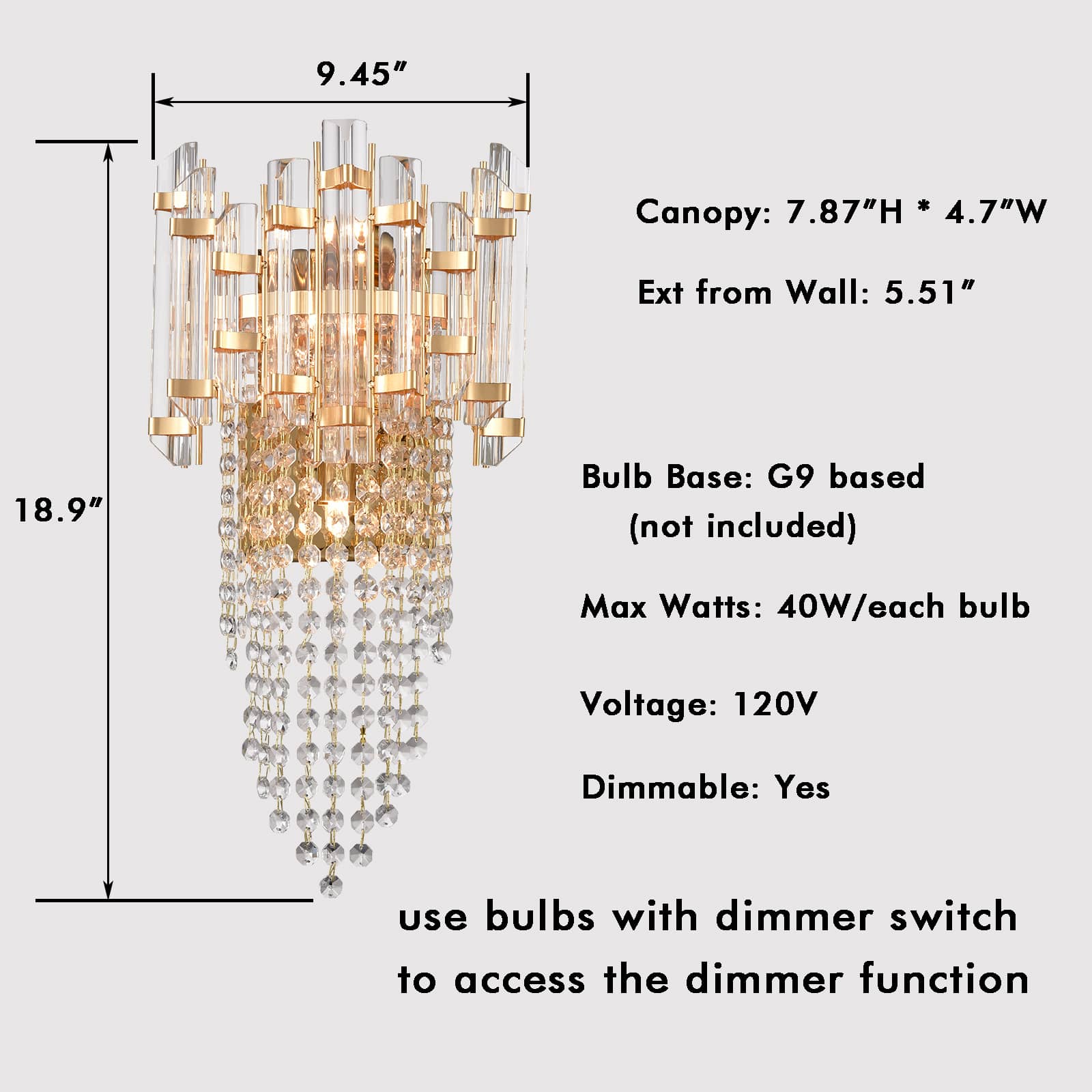 Mid Century Brass Wall Sconce Crystal Adjustable Wall Light Fixture