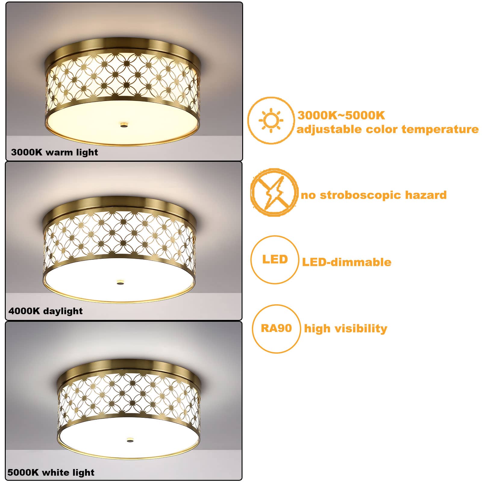Modern 11'' Round Drum Shade Brushed Gold Dimmable LED Ceiling Light Hallway Light Fixtures