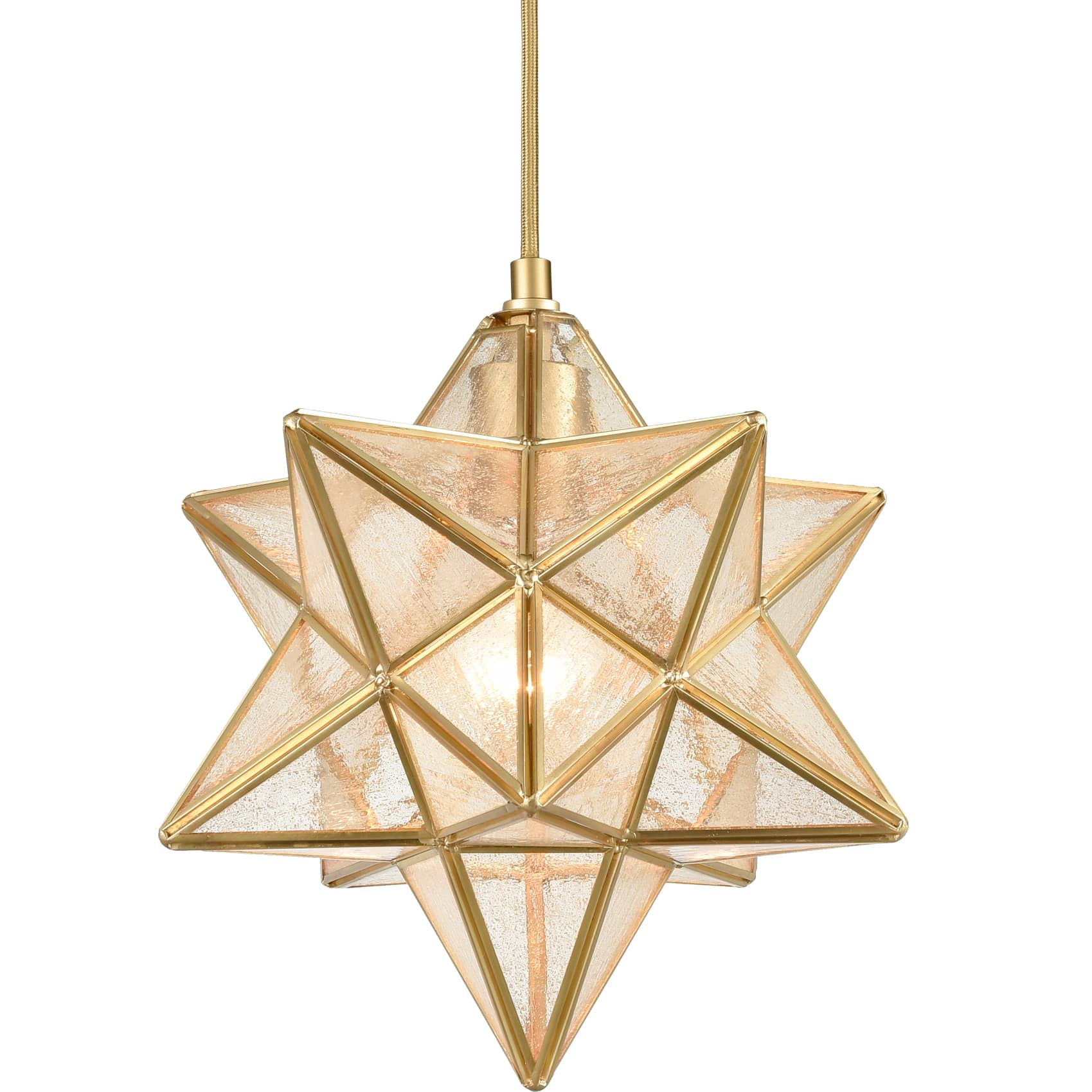 Brass Moravian Star Pendant Light Seeded Glass Shade 11-In