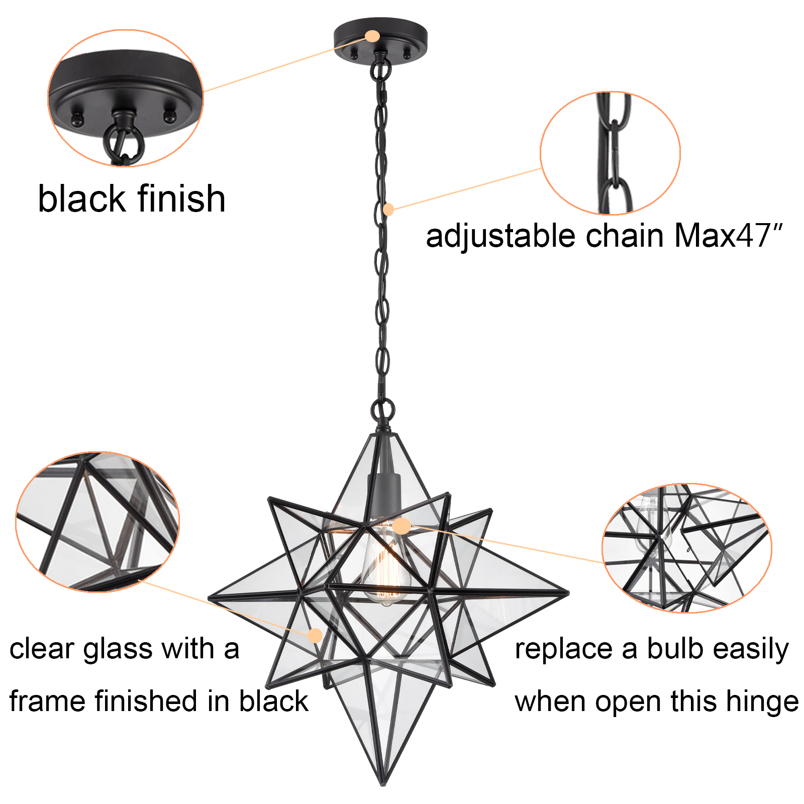 Moravian Star Light Black Pendant Lights Clear Glass Light 19 Inches