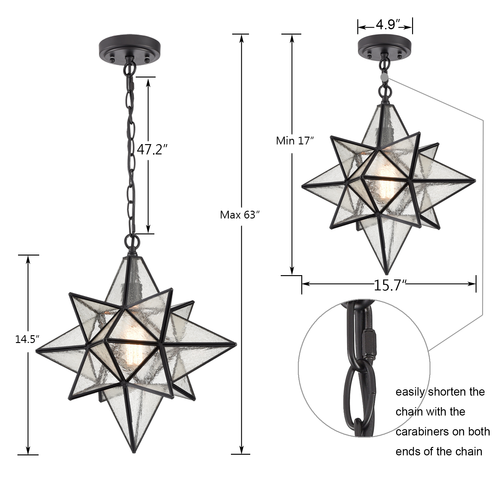 Moravian Star Pendant Lights 16 Inches Black Seeded Glass Shade