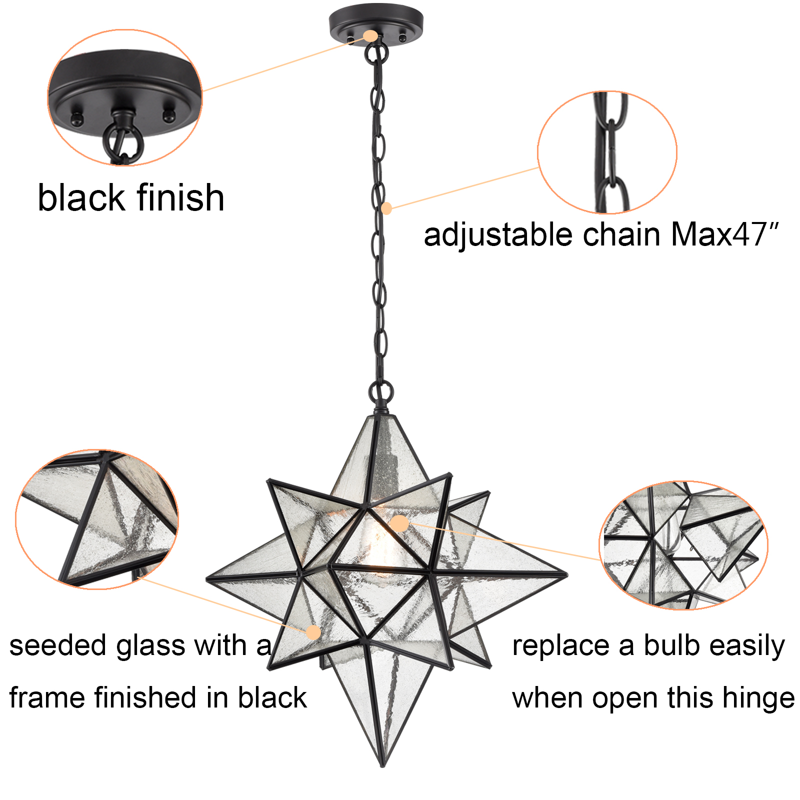 Moravian Star Pendant Lights Black Seeded Glass Shade 19 Inches
