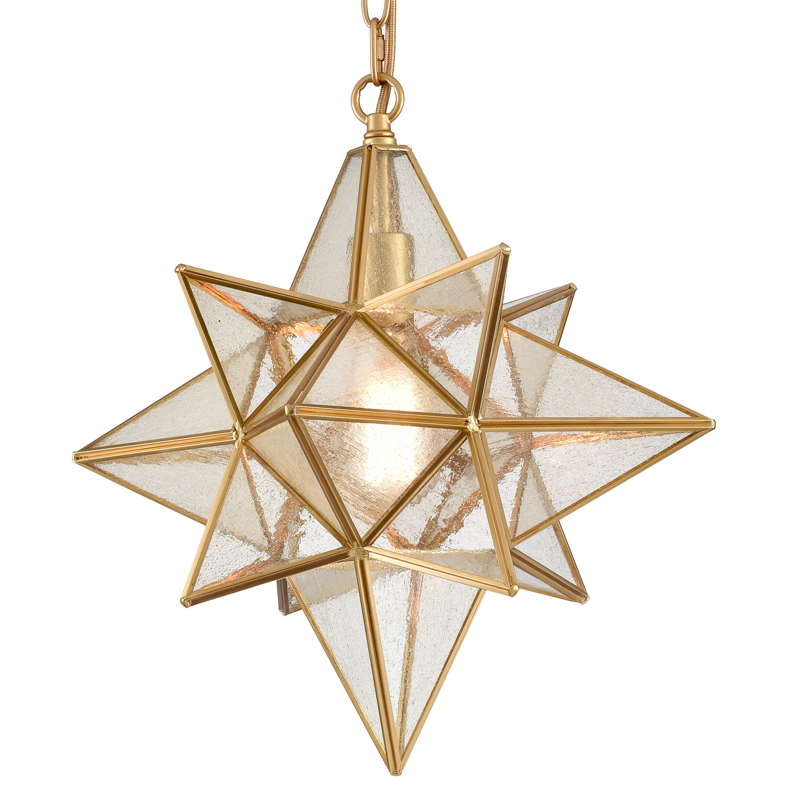 Moravian Star Pendant Lights Gold Finish Seeded Glass Shade 16 Inches