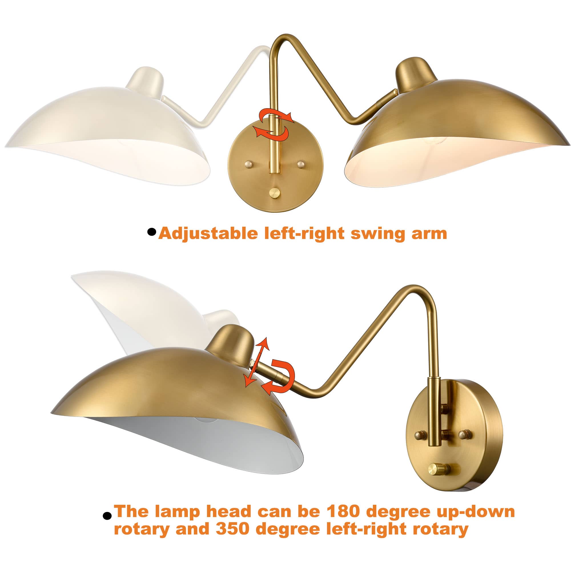 Set of 2 Modern Brass Metal Wall Sconce with On/Off Switch Plug-in or Hardwired Swing Arm Wall Light Fixture
