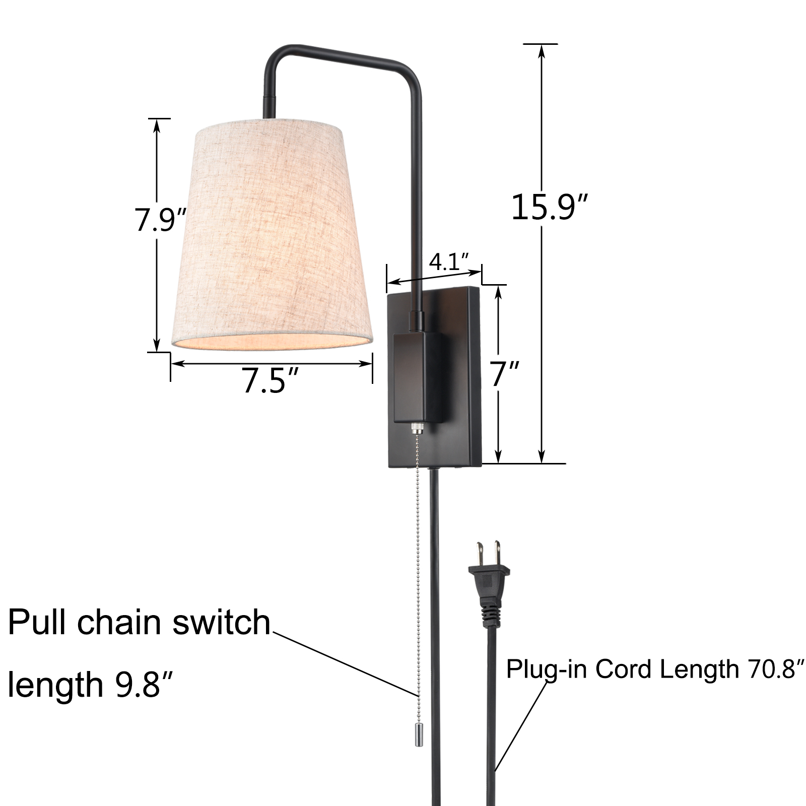 Fabric Shade Plug in Wall Lights 2 Pack Black Wall Lamps