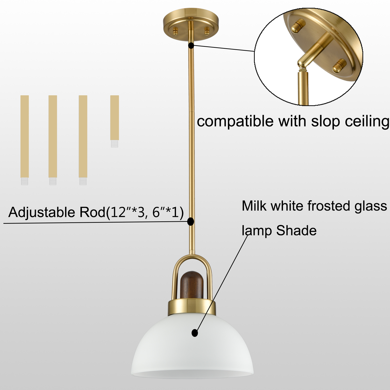 Mid Century Pendant Lights with Stem Milk Dome Glass Gold Finish