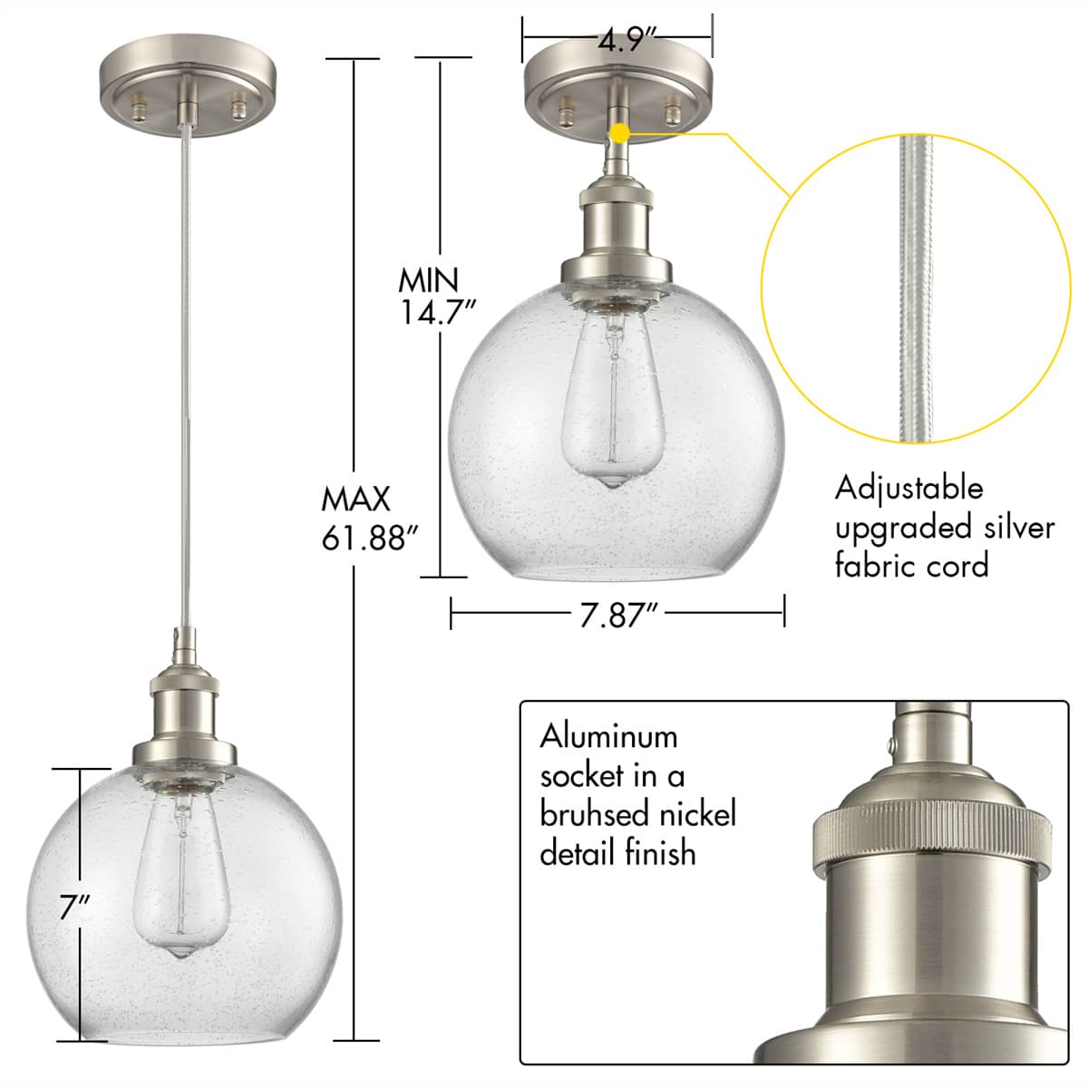 Modern Kitchen Glass Globe Pendant Light Brushed Nickel