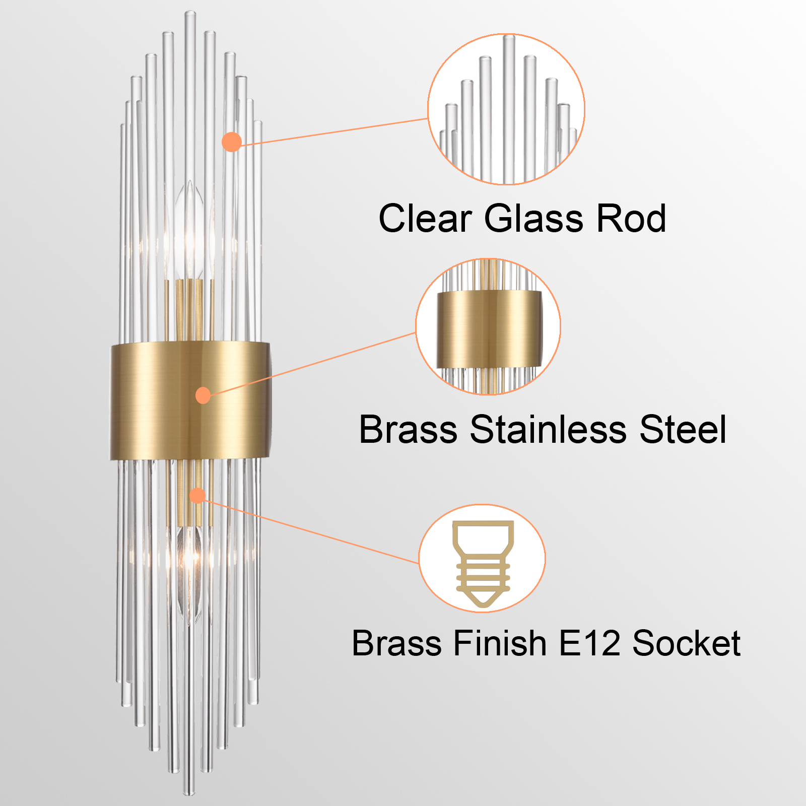 Modern Wall Sconces Set of Two Brass Glass Rod Wall Lights for Bedroom Living Room