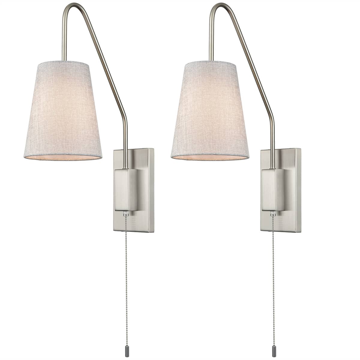 Plug-in Wall Sconce for Bedroom Lamps Set of 2 Pull Chain Switch, Brushed Nickel