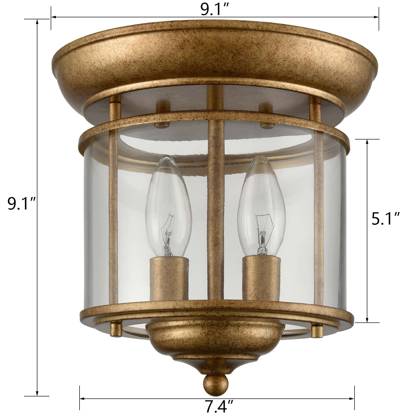 Antique Brass Flush Mount Ceiling Light 2-Light Glass Ceiling Light Fixture