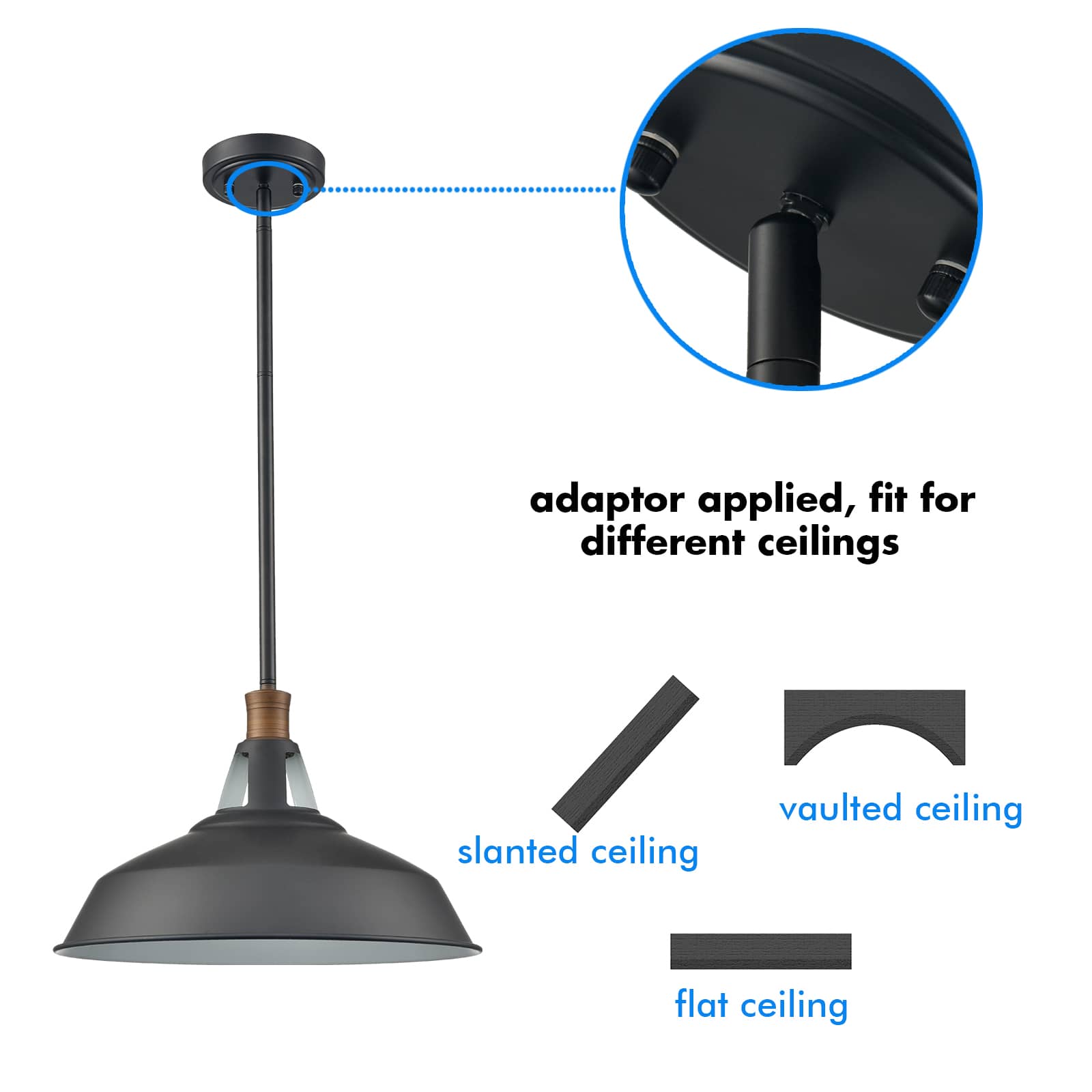 Industrial Barn Pendant Light Rod Adjustable Kitchen Lighting Black