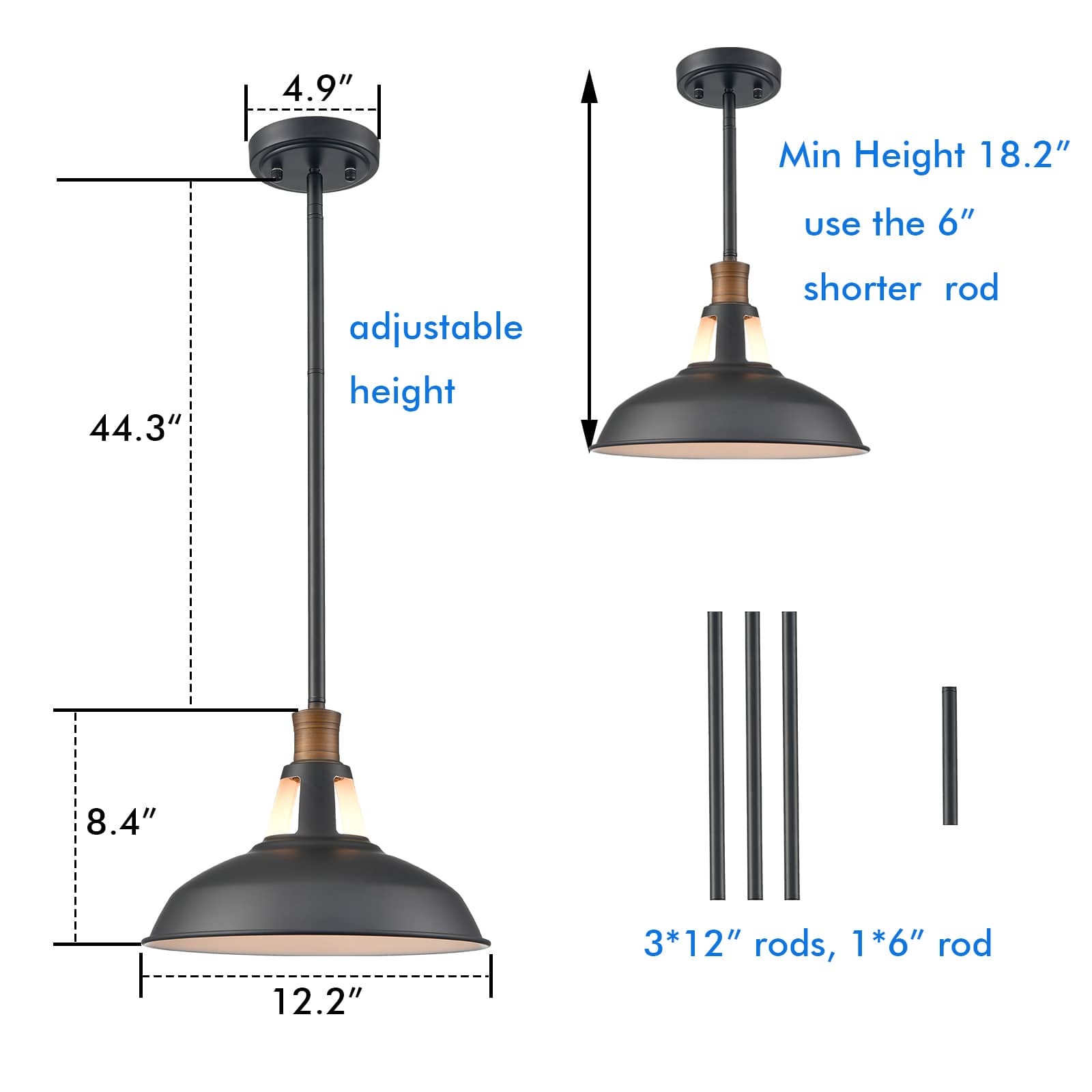 Industrial Barn Pendant Light Rod Adjustable Kitchen Lighting Black