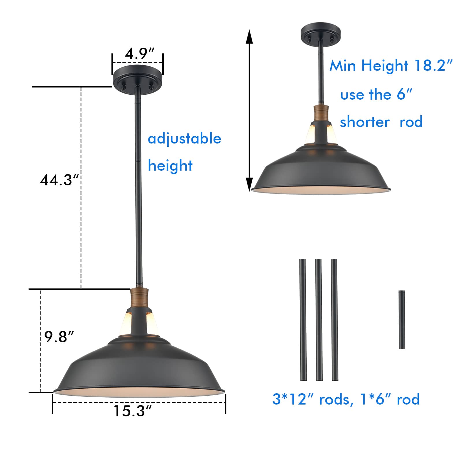 Industrial Black Barn Pendant Light Rod Adjustable Kitchen Lighting