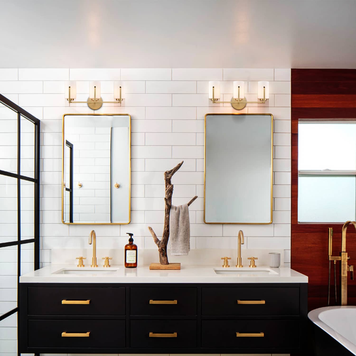 Modern 3-Light Gold Bathroom Vanity Lights with Opal Cylinders