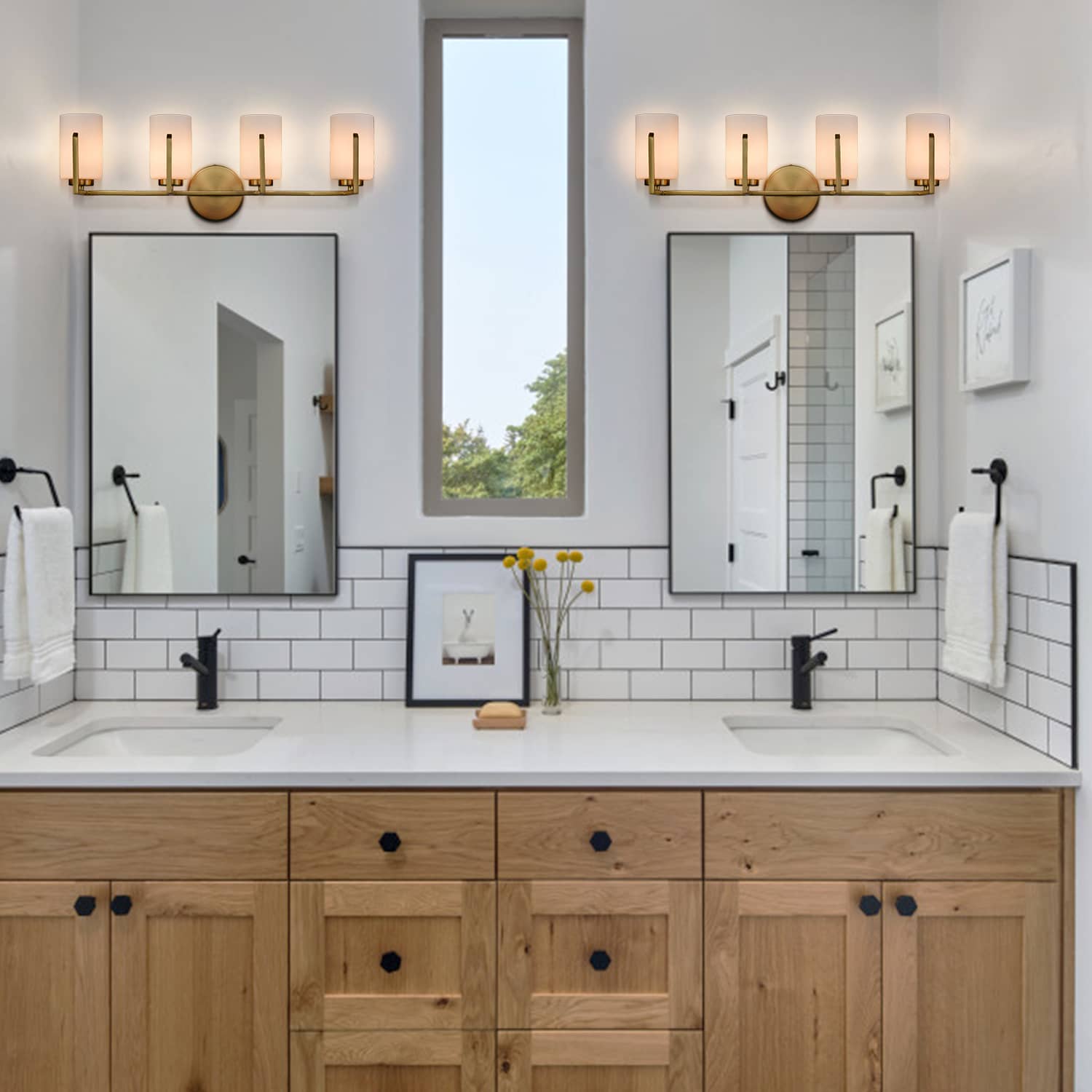 Modern 4-Light Gold Vanity Light Bathroom with Opal Cylinders