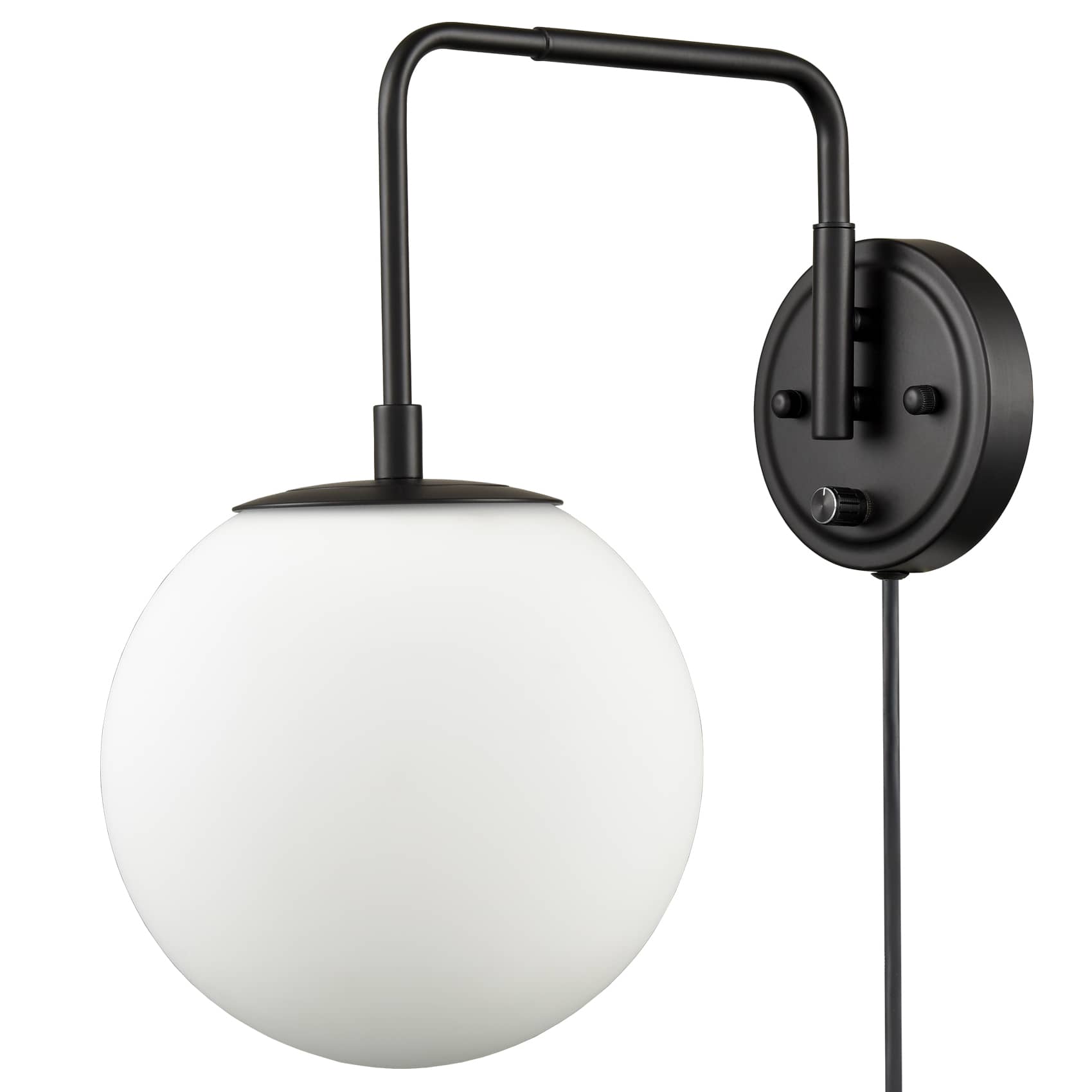 Modern Plug-in Wall Sconce Globe Swing Arm, Black with Switch