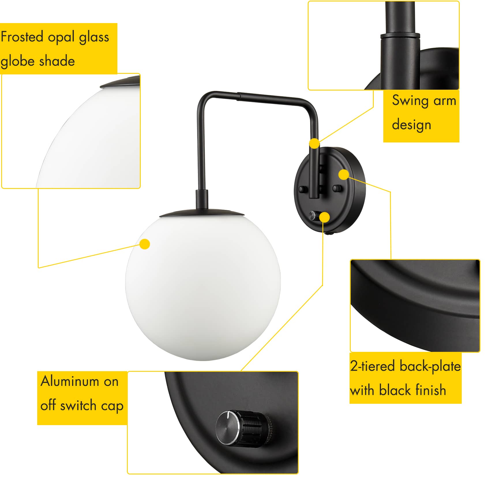 Modern Plug-in Wall Sconce Globe Swing Arm, Black with Switch