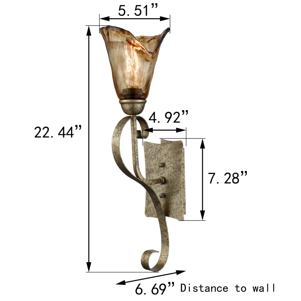 Vintage Wall Sconce Vanity Light with Amber Glow Glass Shade
