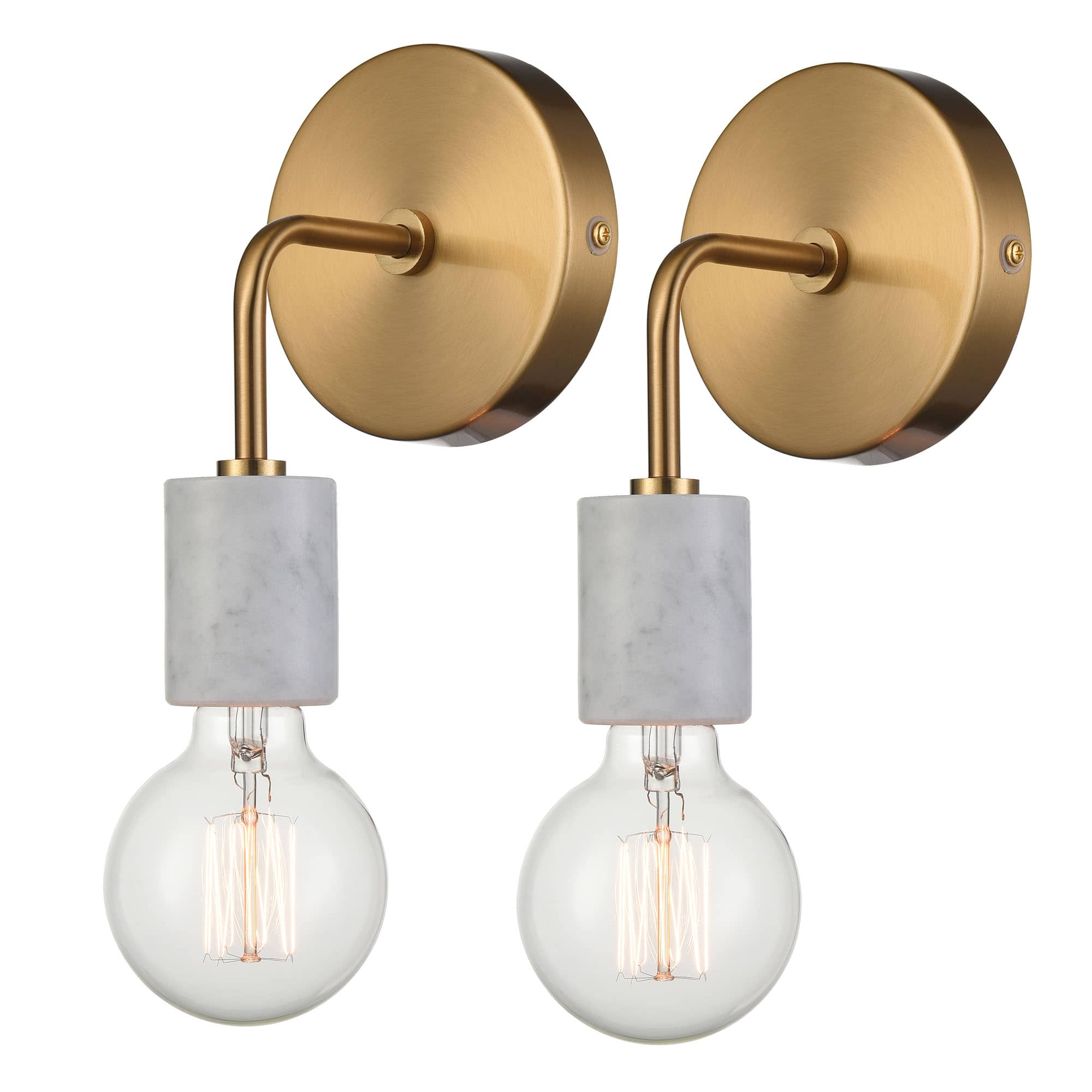 Set of 2 Brushed Brass Metal with White Marble Wall Light Fixture for Bedroom