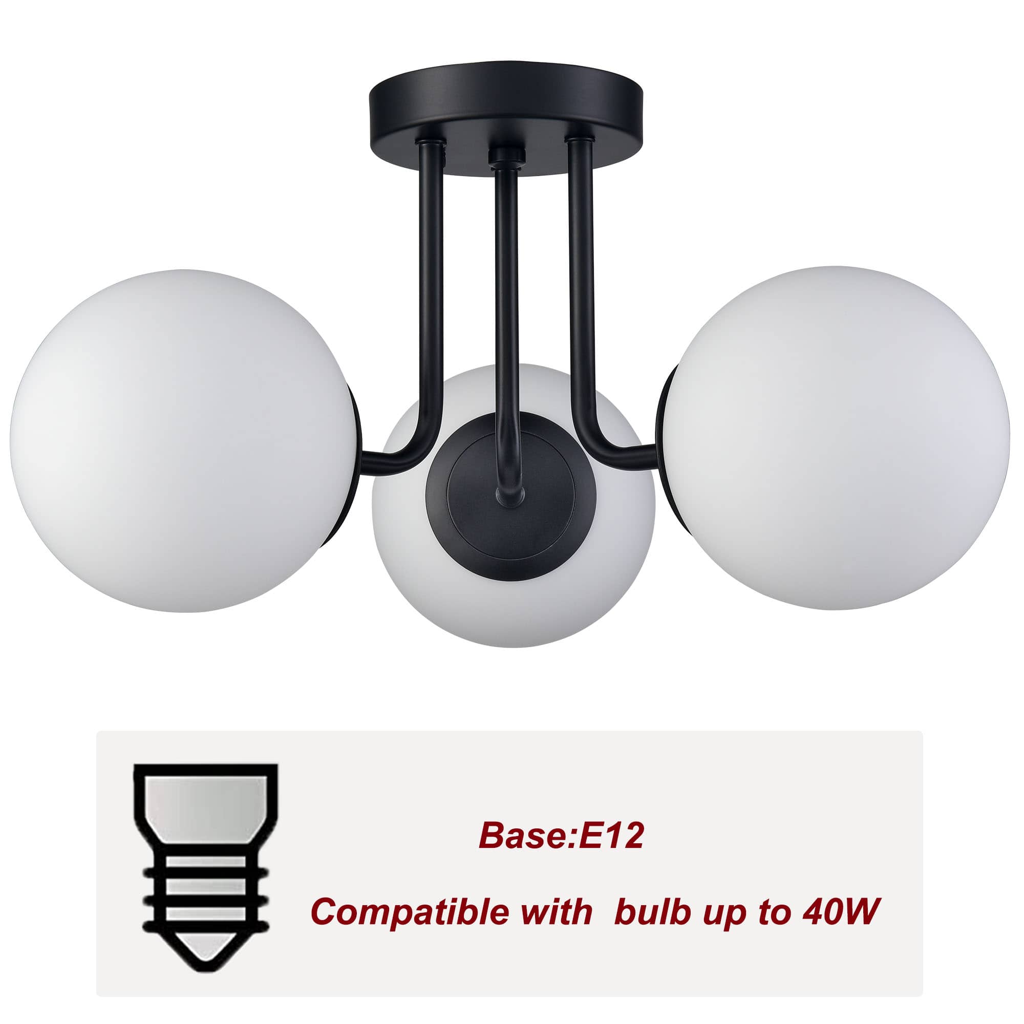 3-light Modern Black Globe Semi Flush Mount Ceiling Light Fixture for Bedroom